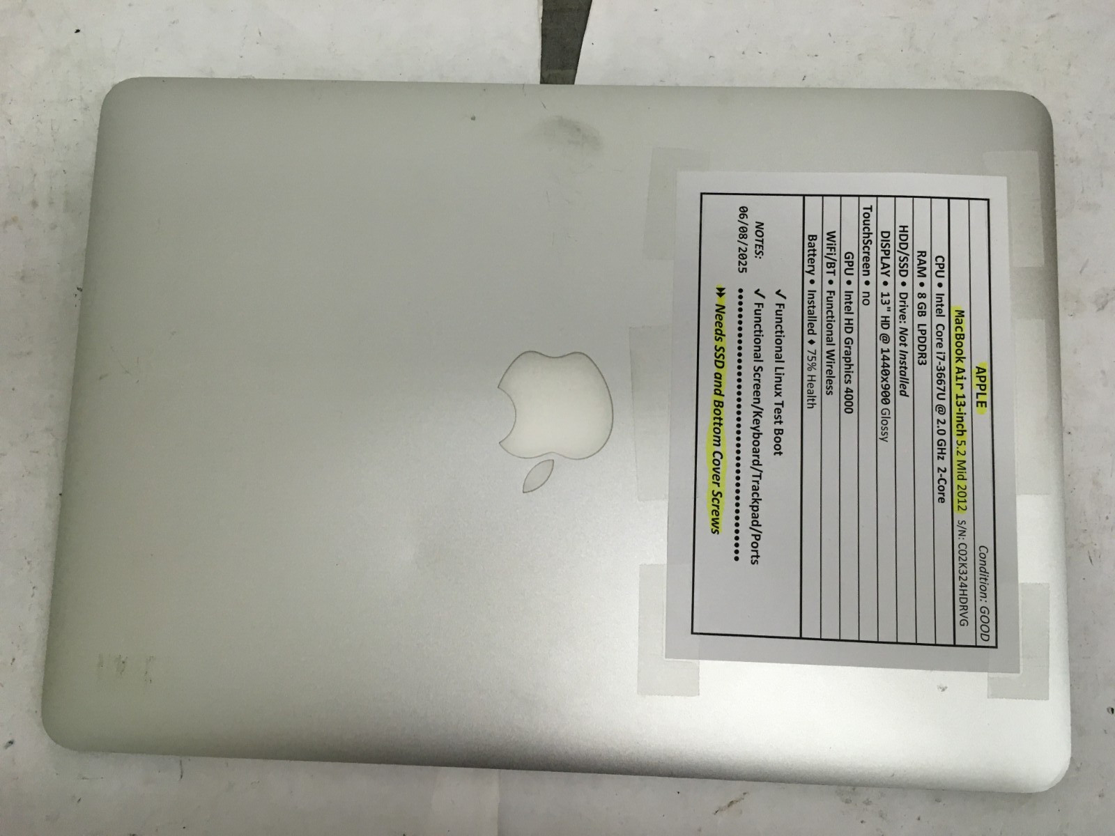 APPLE MacBook Air 13 inch 5.2 Mid 2012, 13 inch used laptop for parts/repair