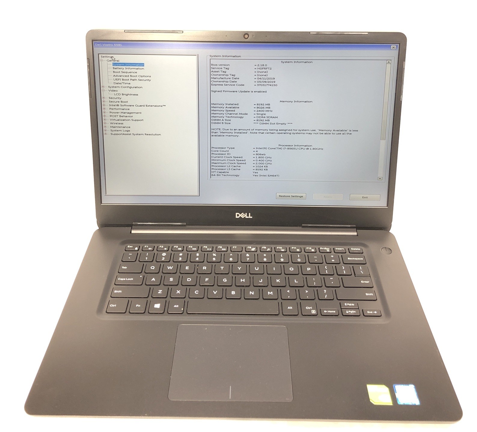 Dell Vostro 5581, Intel Core i7-8565U @1.80GHz, Nvidia MX130, 8GB RAM, NO SSD/OS