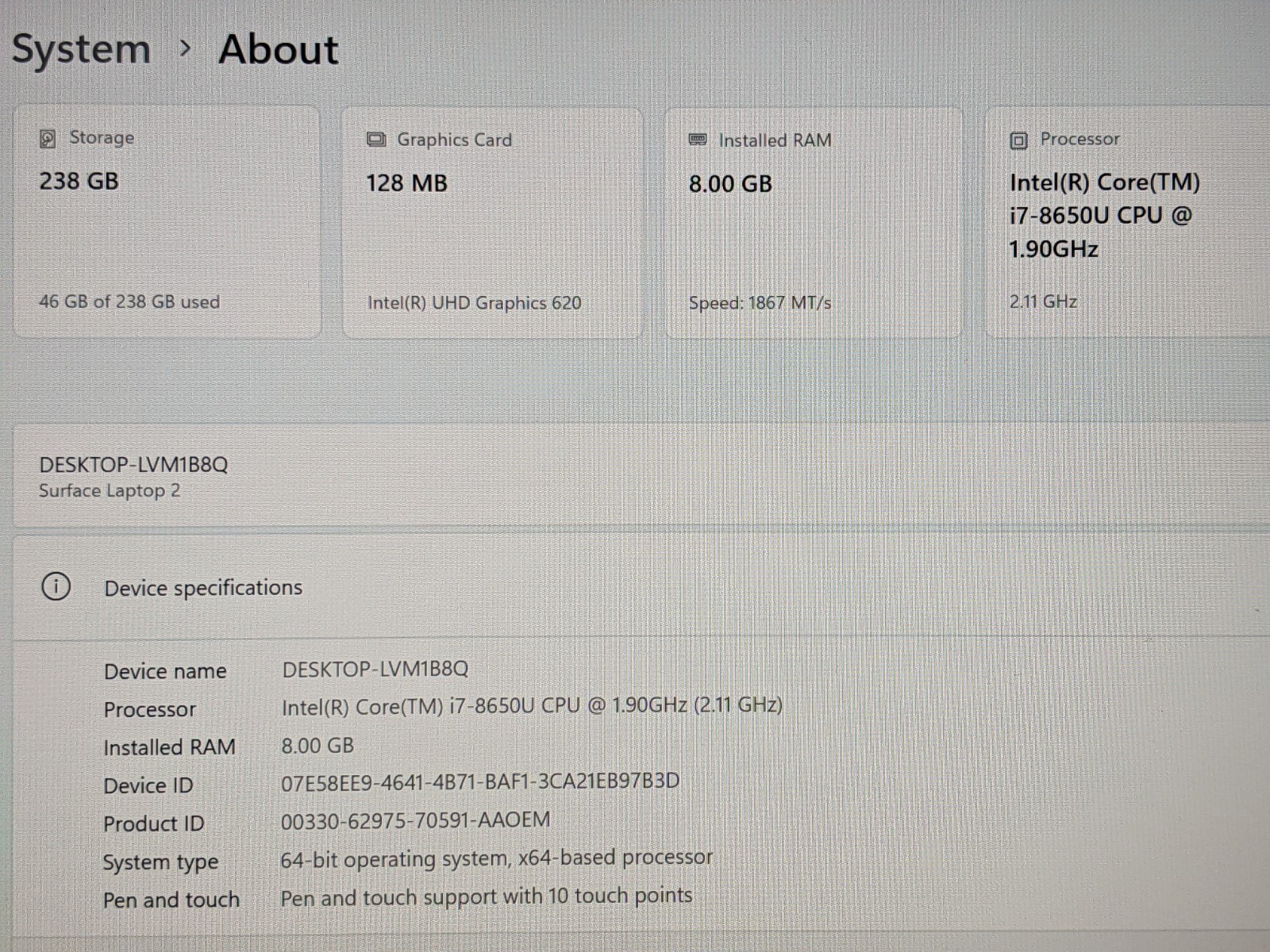 MS Surface Laptop 2 1769 13.5″ 2256×1504 TOUCH i7-8th 1.9GHz 8GB 256GB SSD W11P