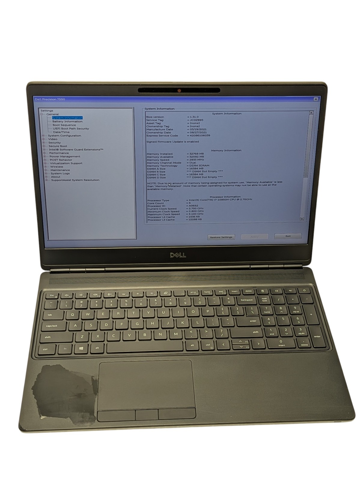 Dell Precision 7550 15″ i7-10850H 2.70GHz 32GB RAM 512GB SSD Grade D