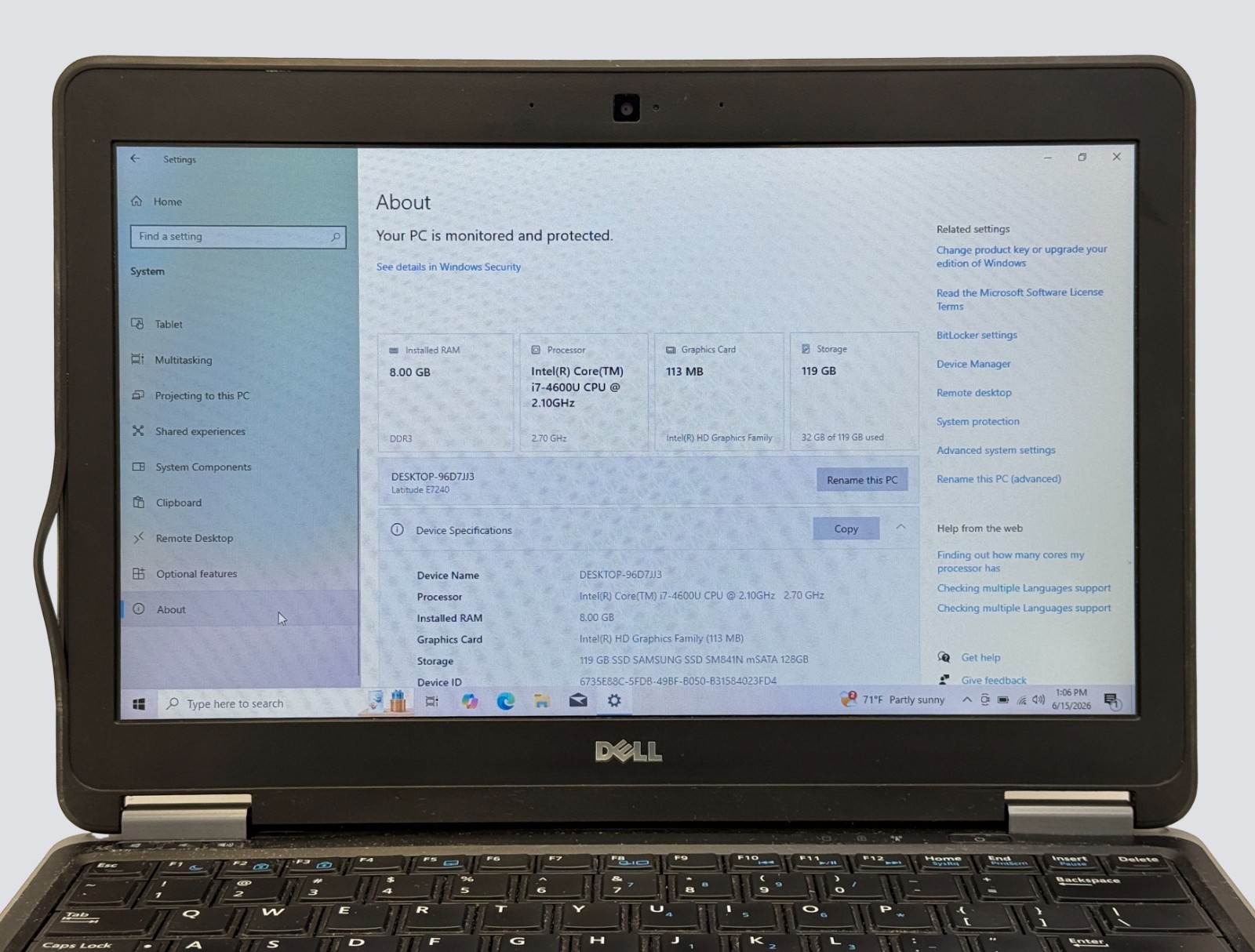 Dell Latitude E7240 i7-4600u 2.1GHz 8GB RAM 128GB SSD Win 10 Home