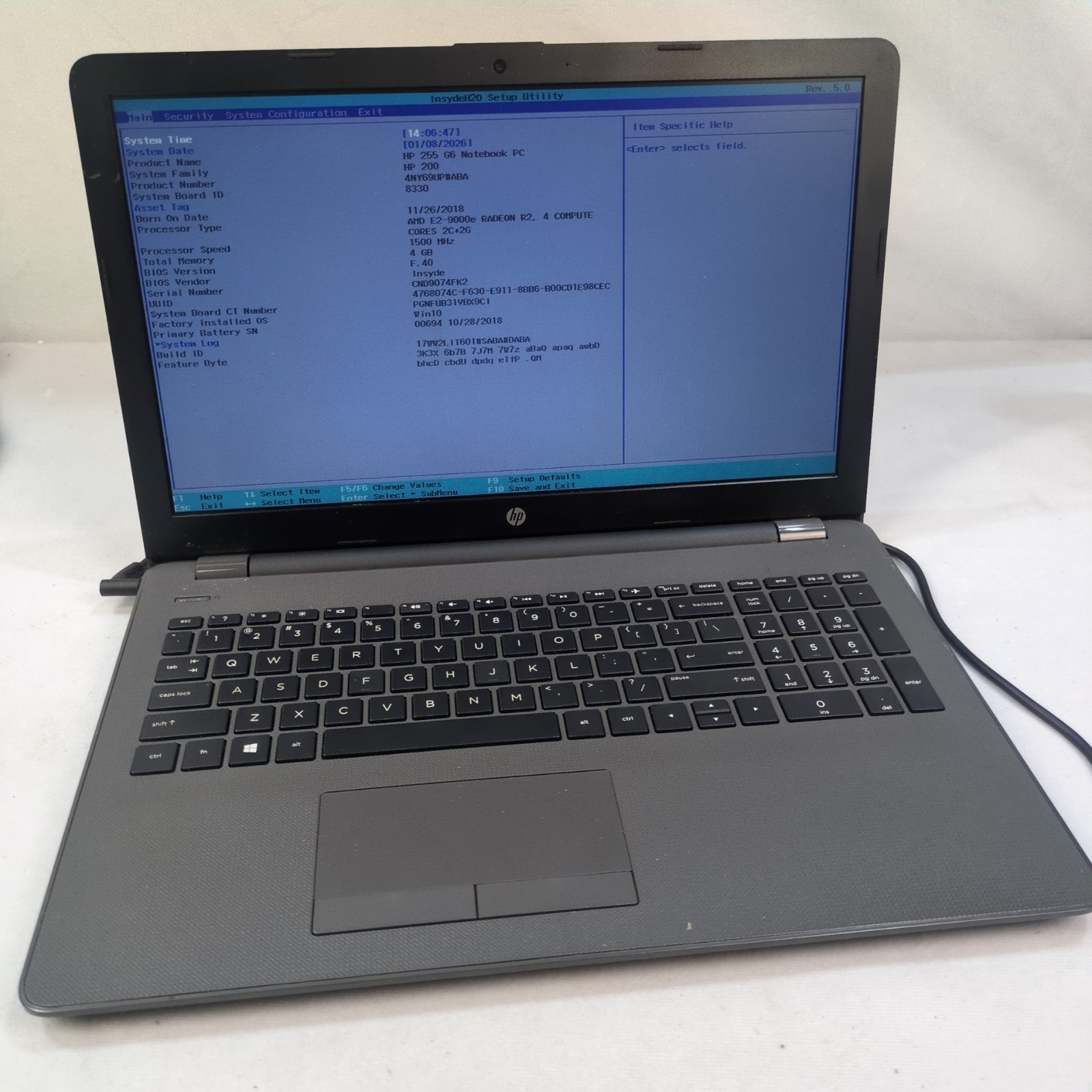 HP 255 G6 Notebook PC, AMD E2-9000e Radeon R2, 4GB RAM NO SSD/OS/AC ADAPTER