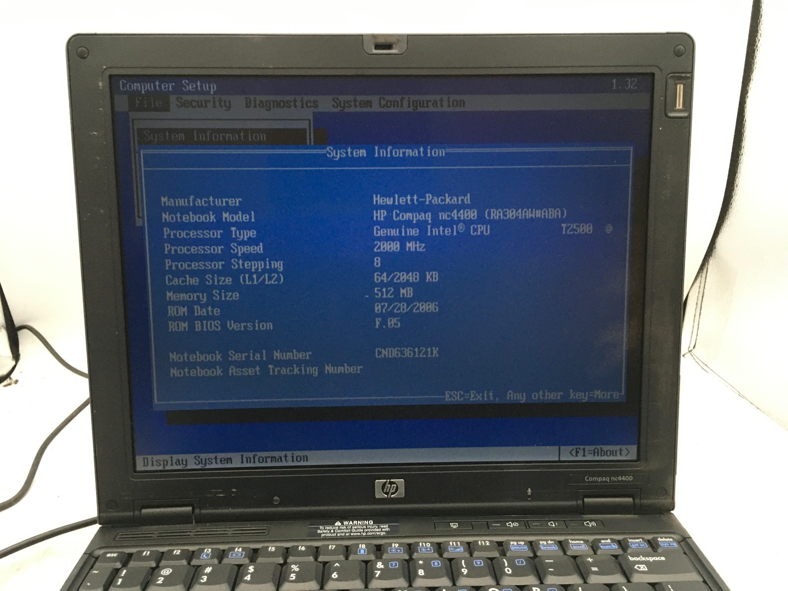 HP COMPAQ NC4400 – BOOTS TO BIOS – INTEL CENTRINO – 512MB RAM – READ DESCRIP -BB