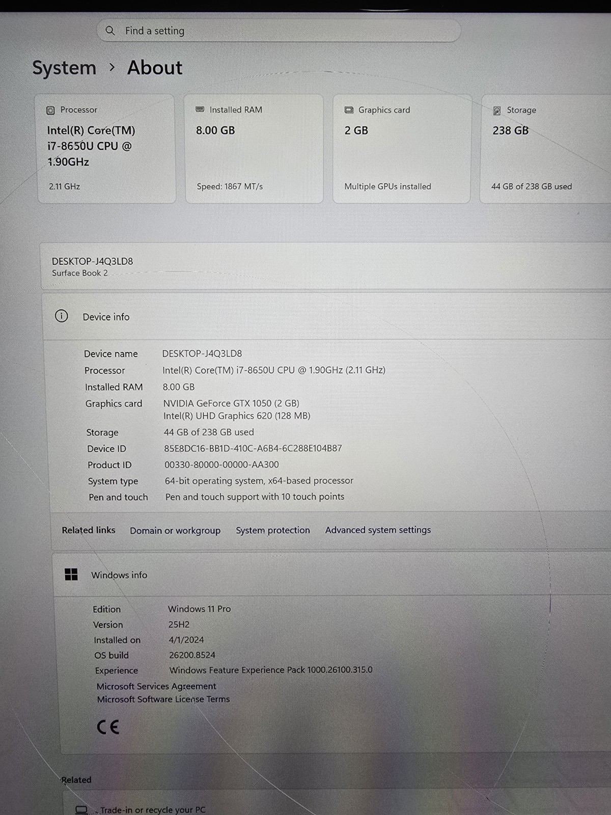 Read Microsoft Surface Book 2 | i7-8650U 8GB RAM 256GB SSD | NVIDIA 1050 Backlit