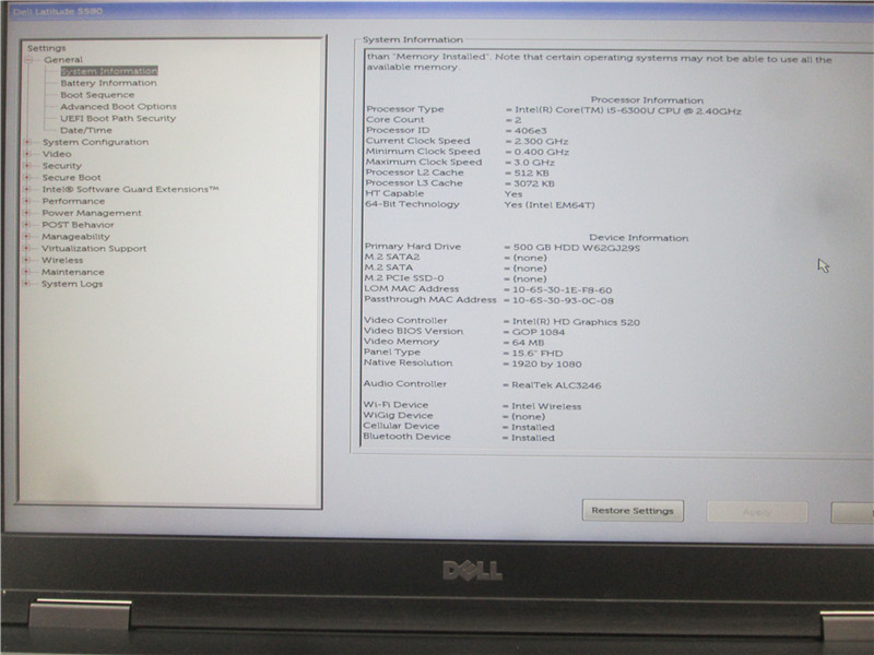 Dell Latitude 5580 Laptop i5-6300U 2.4GHz 8GB 500GB Win 10 COA Grade C