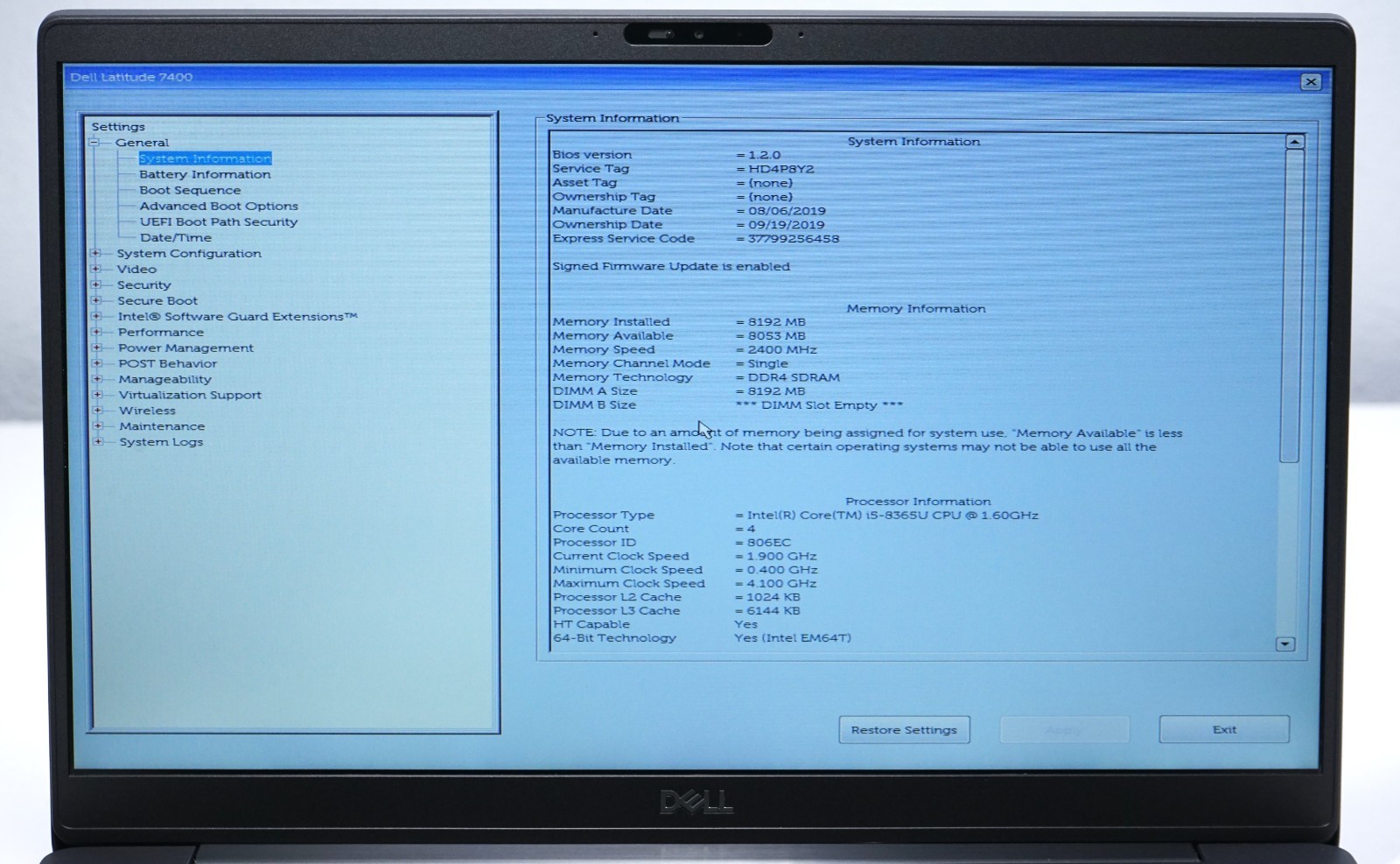 Dell Latitude 7400 – Intel Core i5-8365U @1.60GHz 8GB RAM (No SSD)