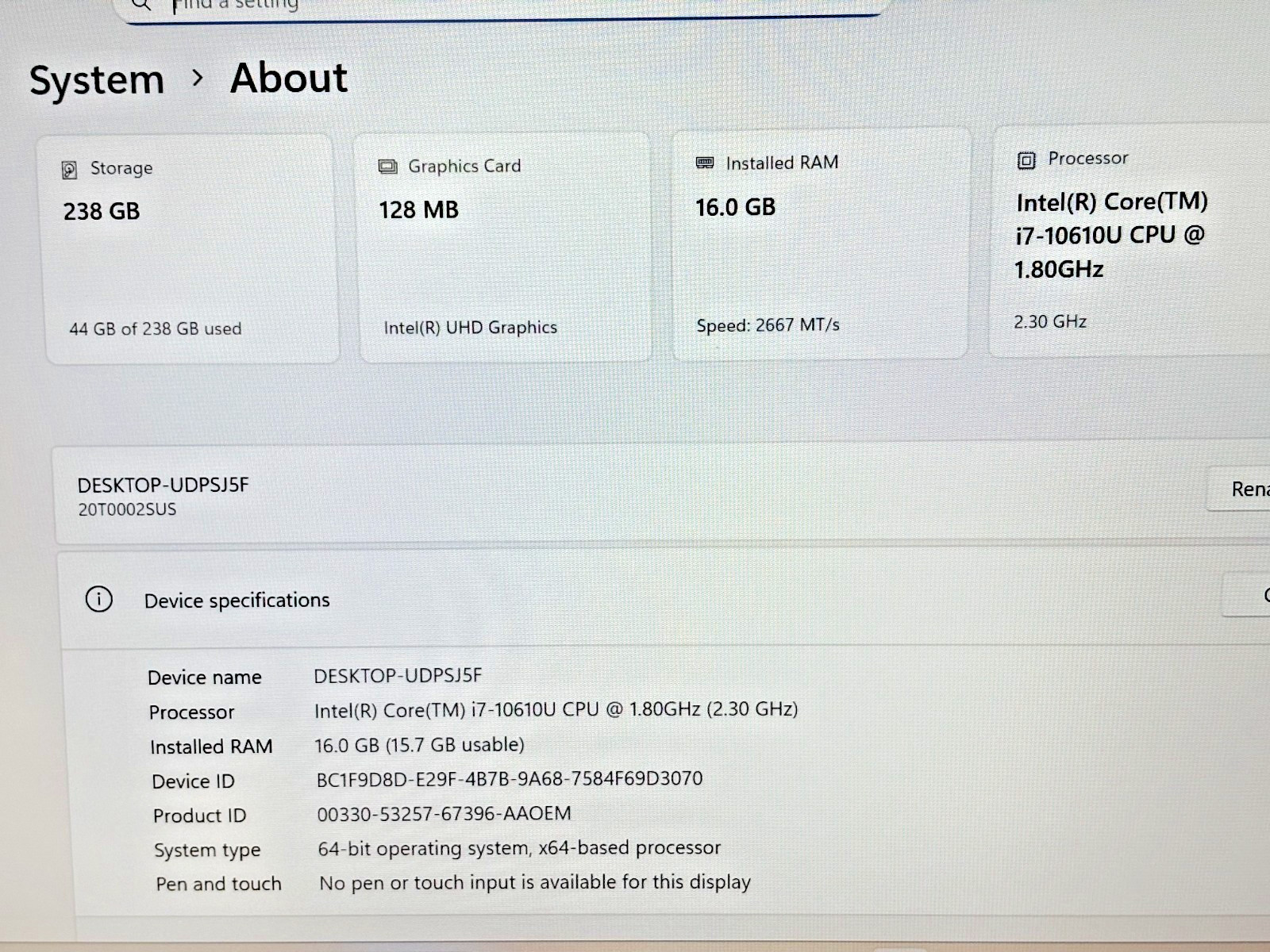 Lenovo ThinkPad T14s Gen 1 Intel i7-10th Gen 1.80GHz 16GB RAM 256GB SSD W 11Pro*