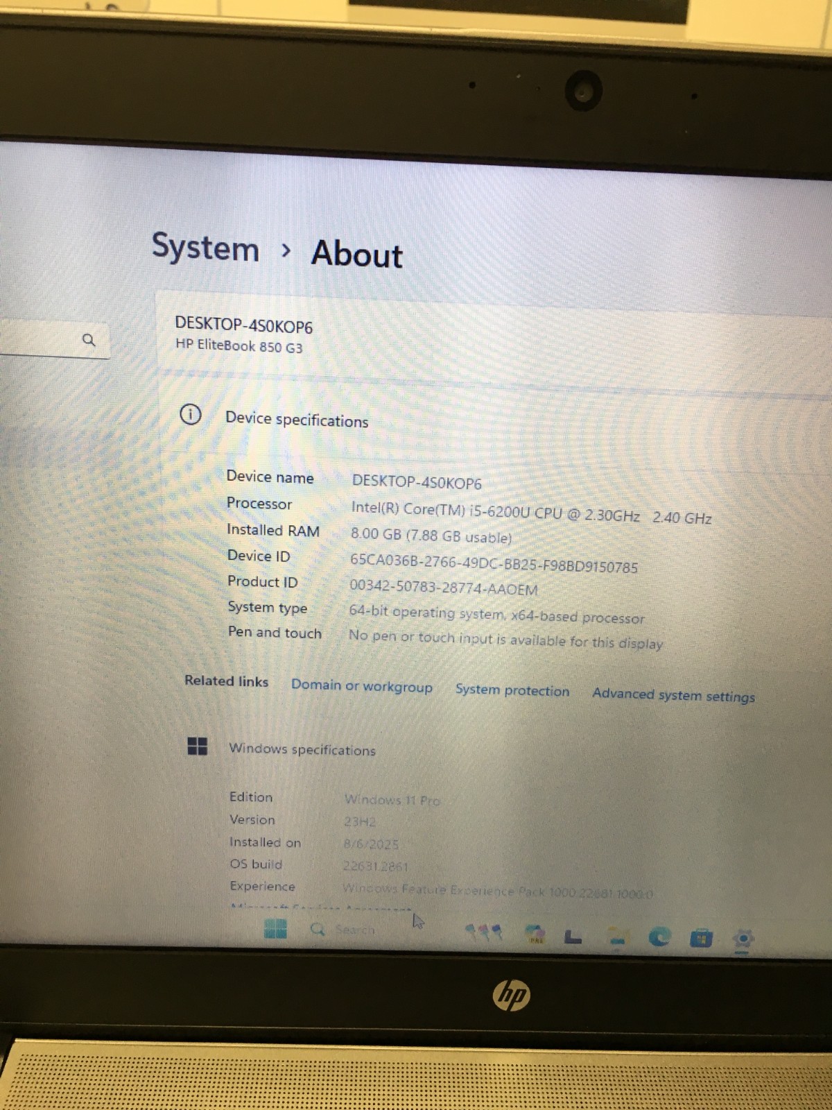 HP Elitebook 850 G3 15.6″ Core i5 6th gen 2.30Ghz 8GB RAM 256GB SSD WIN 11 PRO