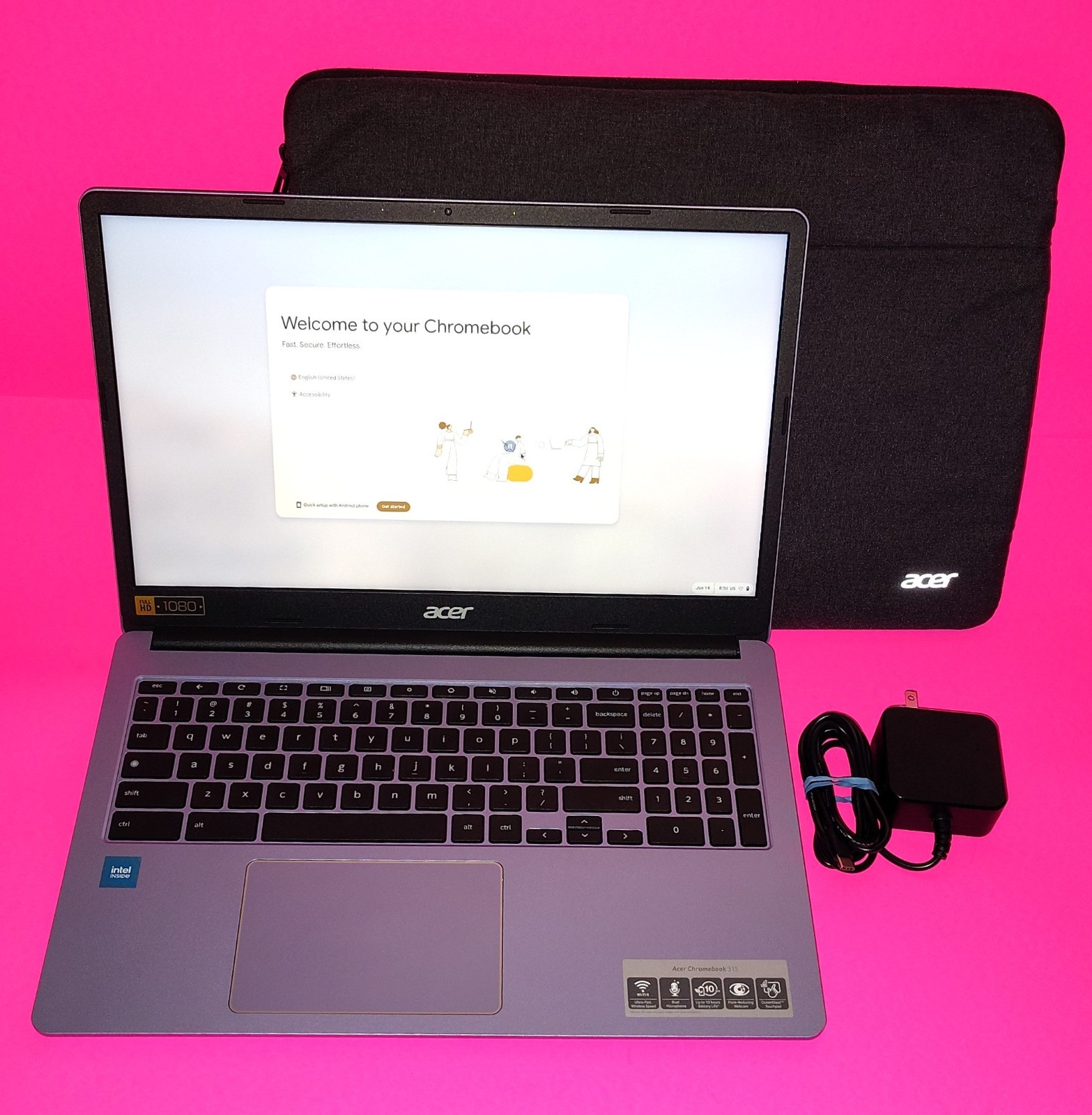 Acer 15.6″ FHD Chromebook 315 Intel N4500 64GB eMMC 4GB Laptop w/ Sleeve Purple