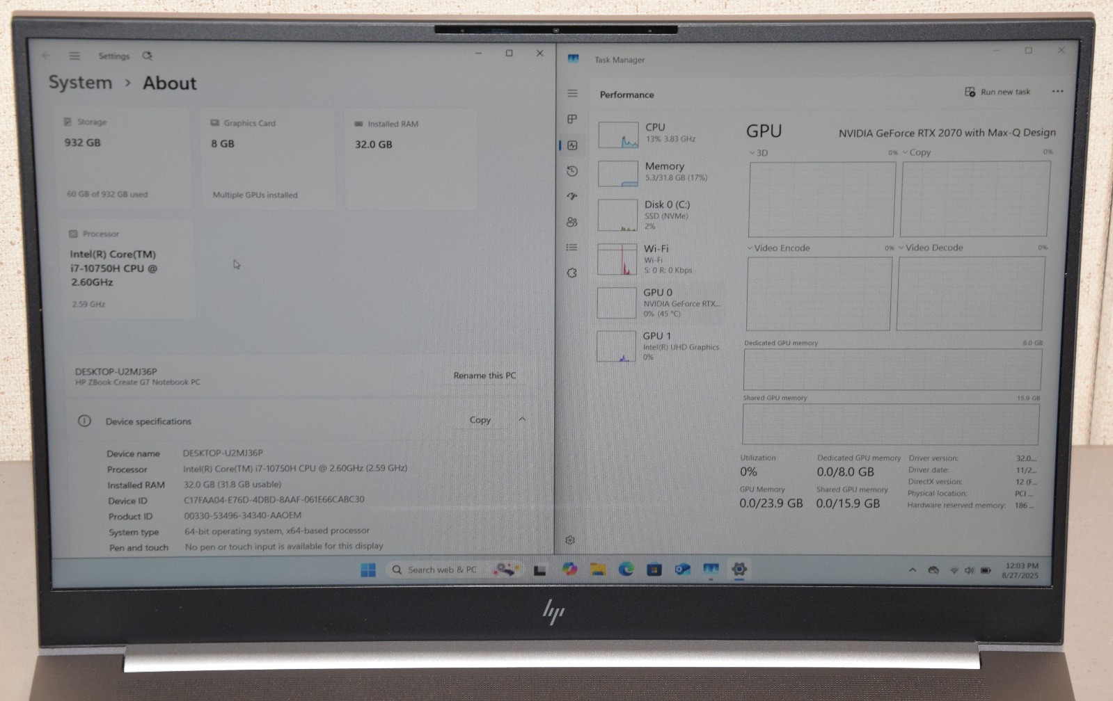 HP ZBook Create G7 15.6″ i7-10750H 6-Core 32GB DDR4 1TB NVMe RTX 2070 Max-Q 8GB