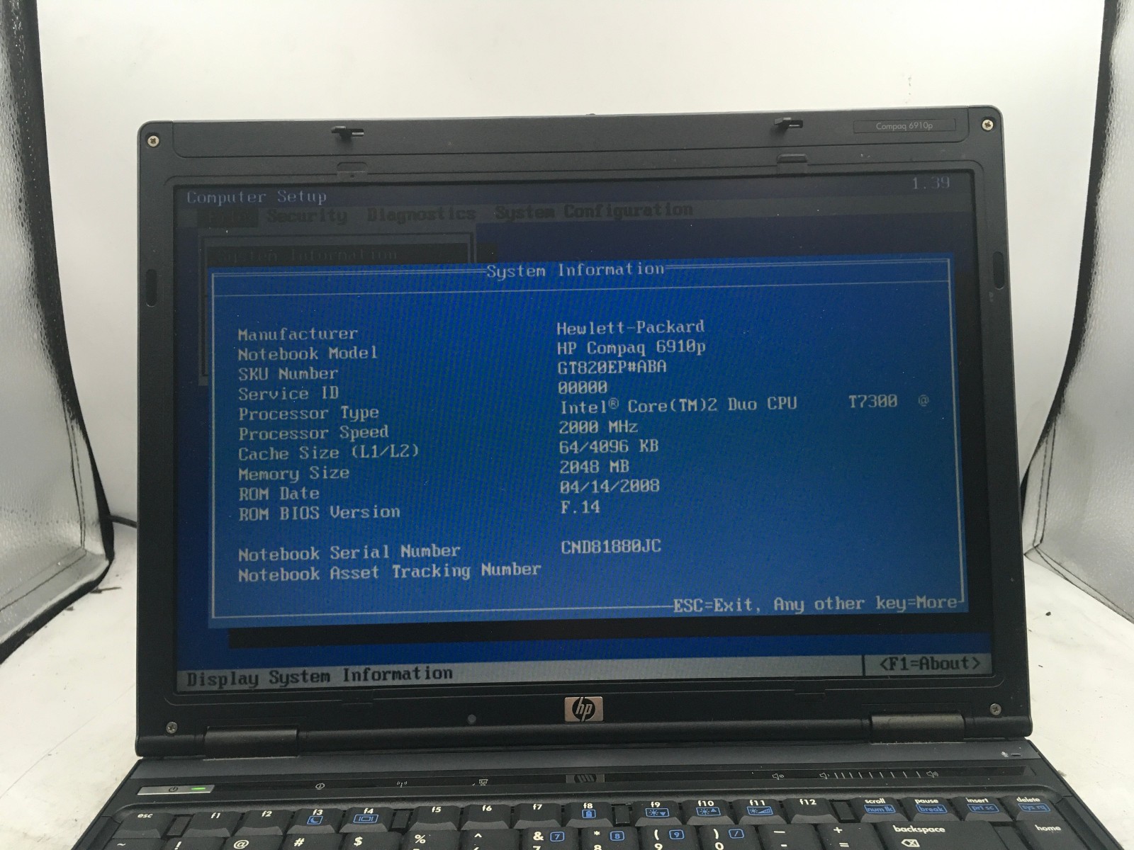 HP COMPAQ 6910P – BOOTS TO BIOS – INTEL T7300 – 2GB RAM – 14″ – READ DESC – BB
