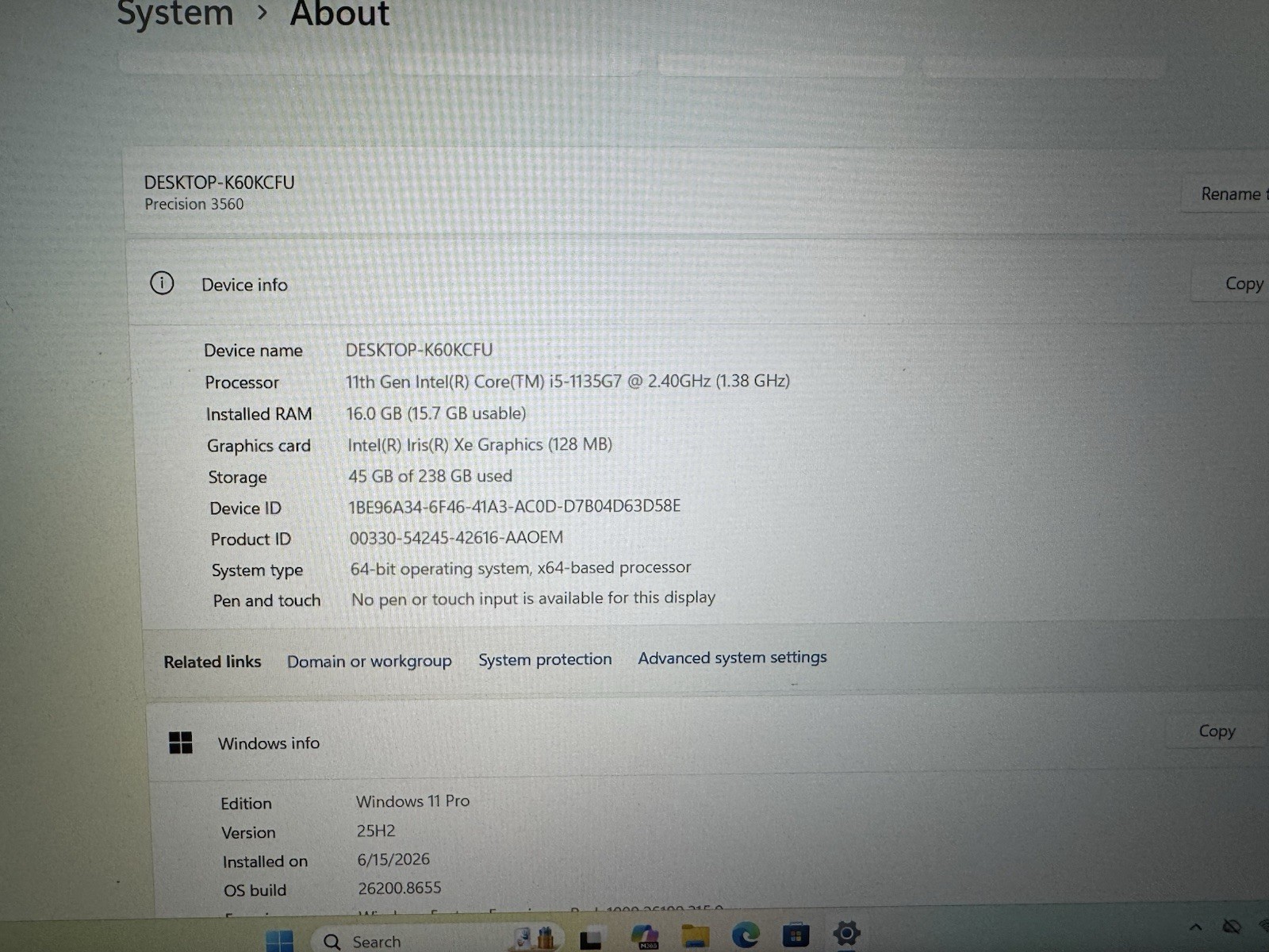 Dell Precision 3560 15.6″ i5-1135G7 2.40GHz 16GB RAM 256GB SSD Win 11 Pro