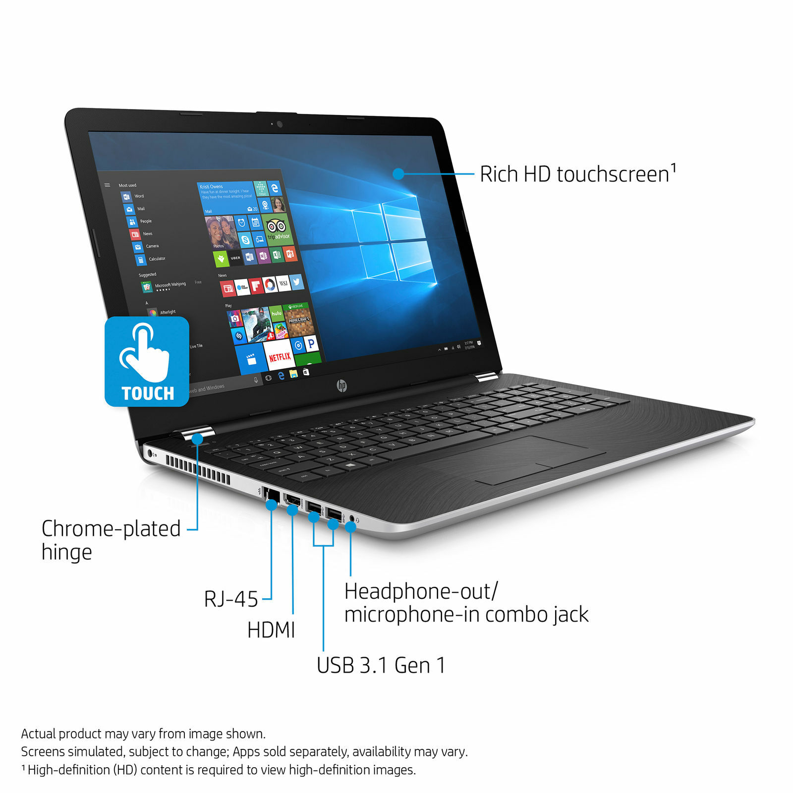 New HP 15-bs080wm, 15.6″ Natural Silver Touch Laptop, Windows 10, Intel Core