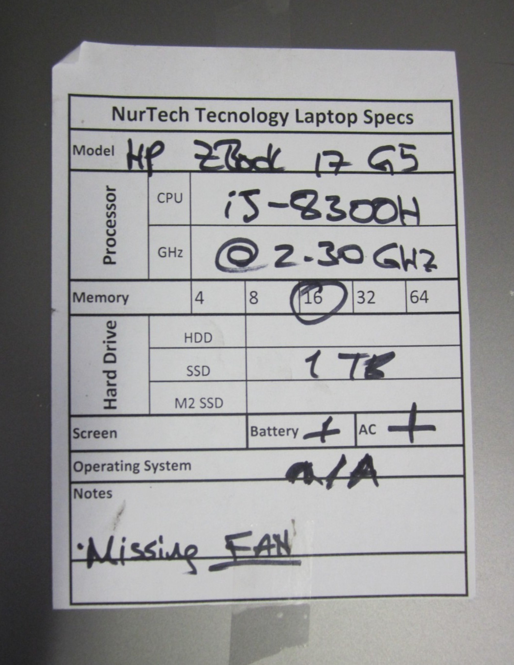 HP ZBook 17 G5 i5-8300H 2.3GHz 16GB/1TB NO OS Laptop + AC READ