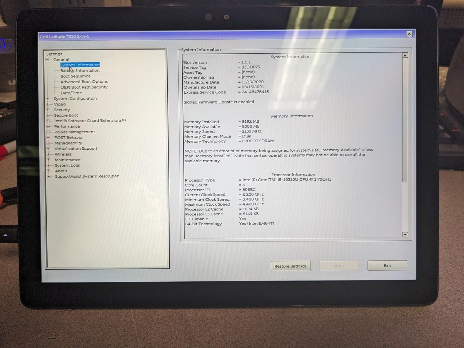 DELL LATITUDE 7210 2-IN-1 i5-10310U @ 1.70GHz, 8GB RAM, NO HDD/OS