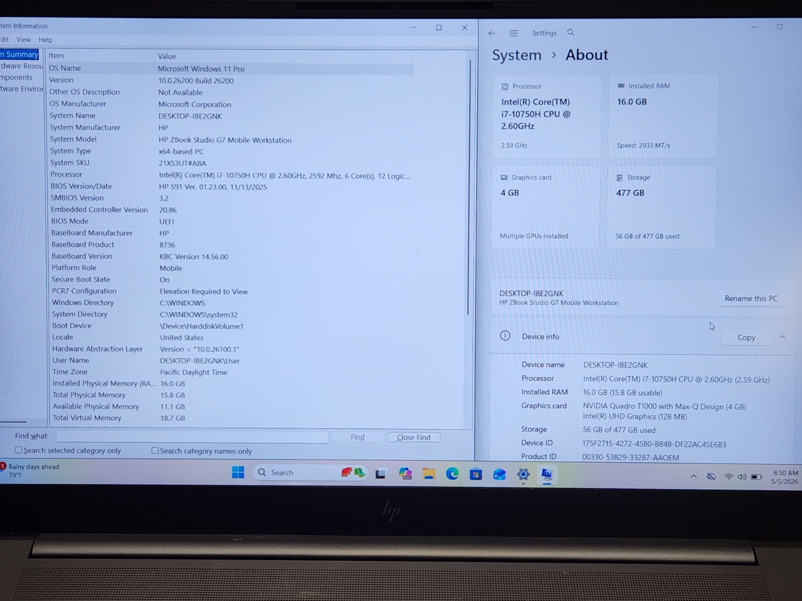 HP ZBook Studio G7 Workstation i7-10750H 2.6GHz 16GB 512GB T1000 W11P *READ*