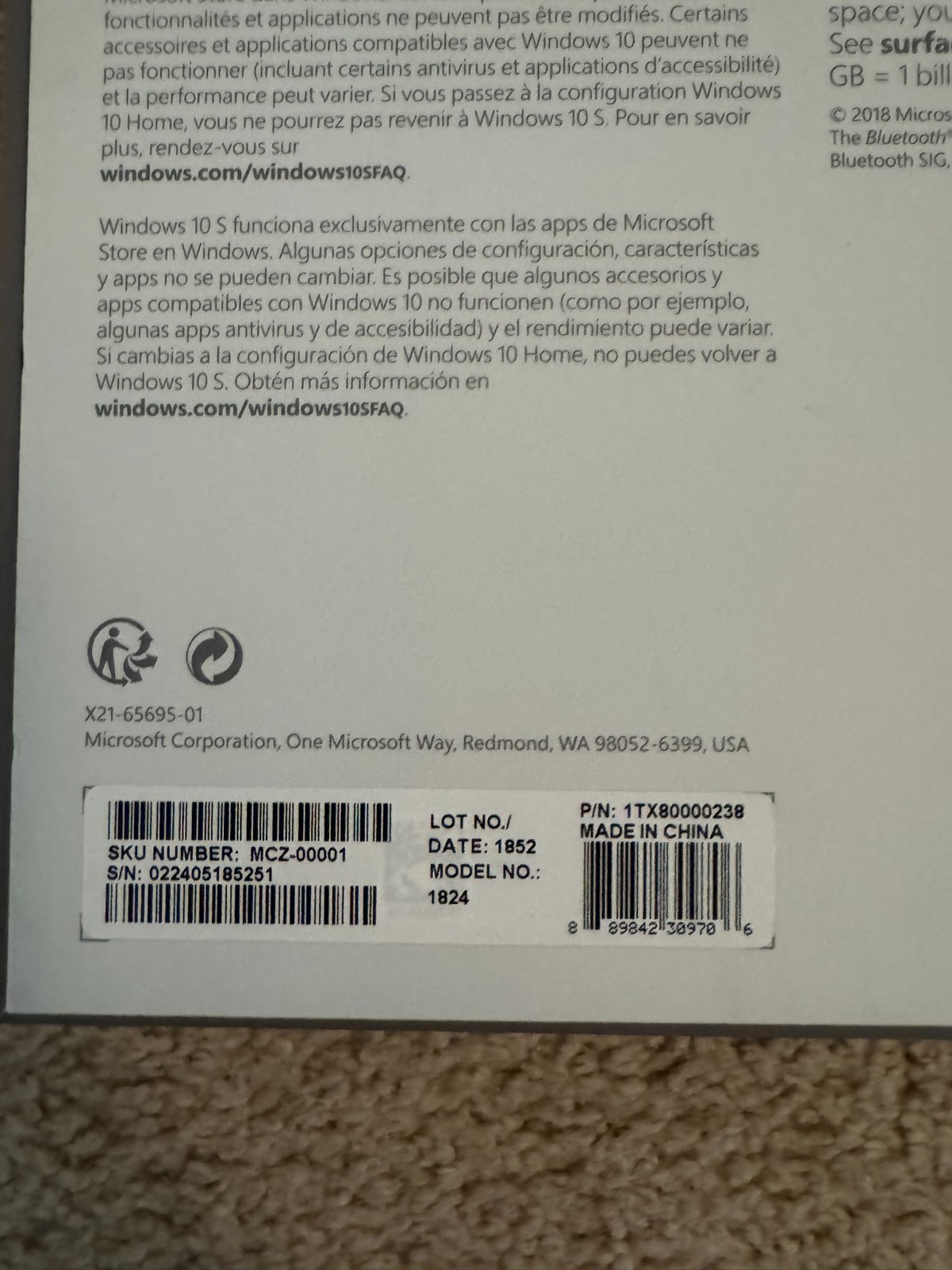 Microsoft Surface Go 1824 1st Gen 128GB 8GB RAM Windows 10 S with Type Cover