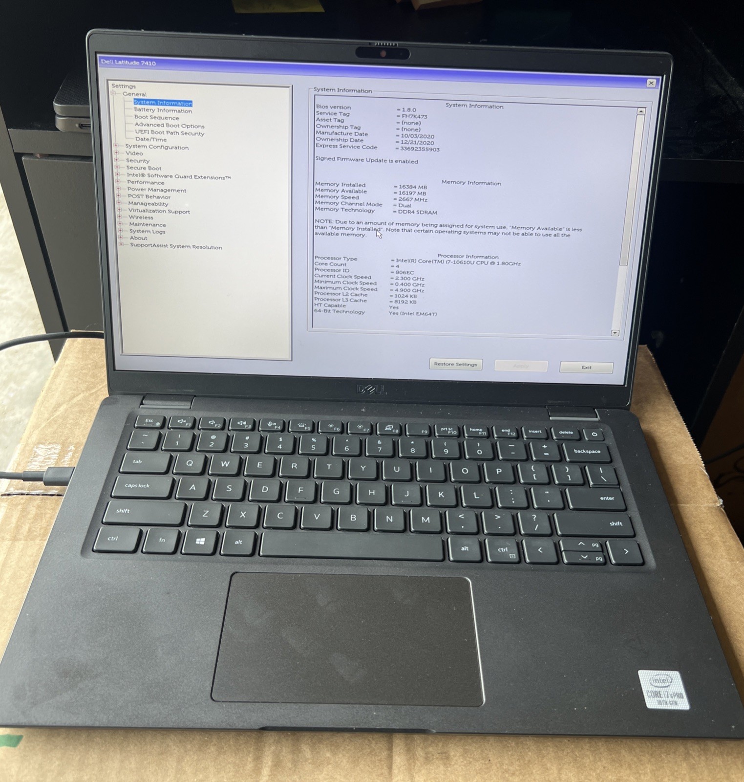 Dell Latitude 7410 14.1″ Core i7 10th Gen Incomplete No SSD, No Batt. Fair.