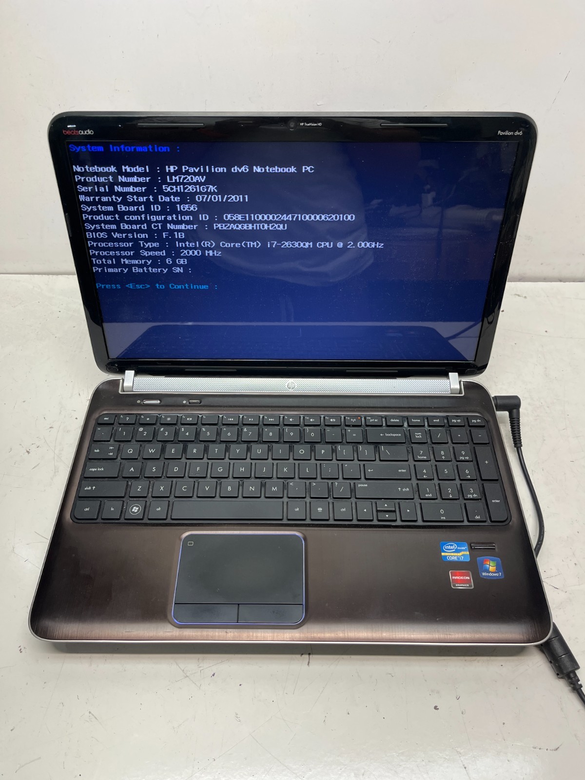 HP Pavilion DV6T-6100 Intel Core i7-2630QM 2.00GHz 6GB NO HDD