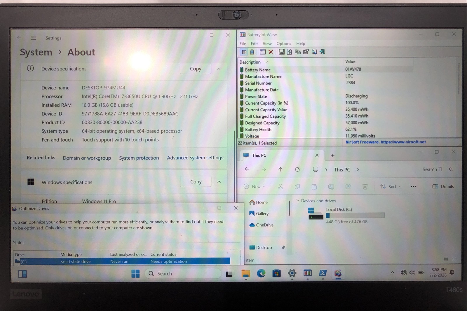 Lenovo Thinkpad T480s, Intel Core i7-8650U @1.90 GHz, 16GB RAM 500GB SSD W11