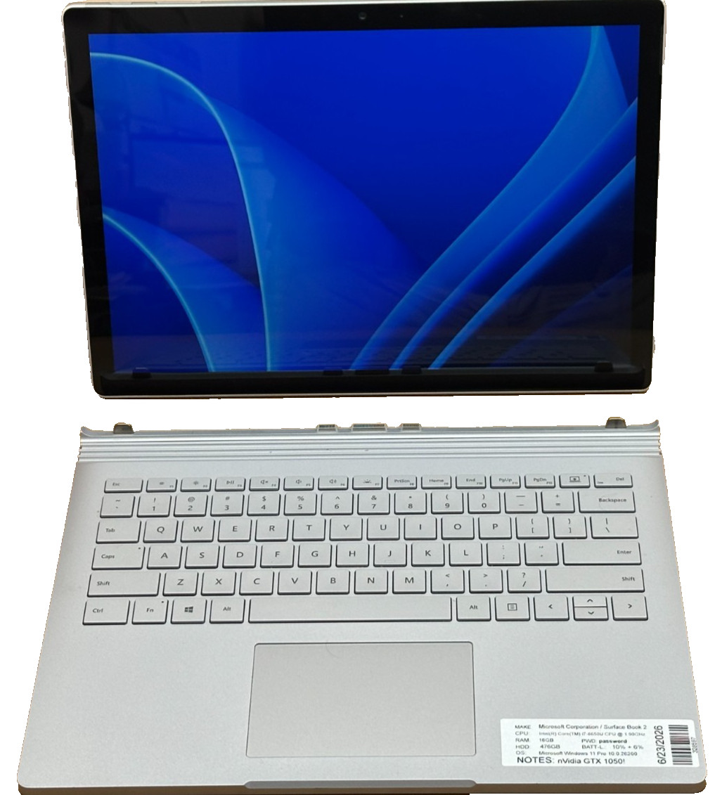 MICROSOFT SURFACE BOOK 2 LAPTOP CORE i7-8650u @ 1.90GHZ 16GB RAM 512GB SSD