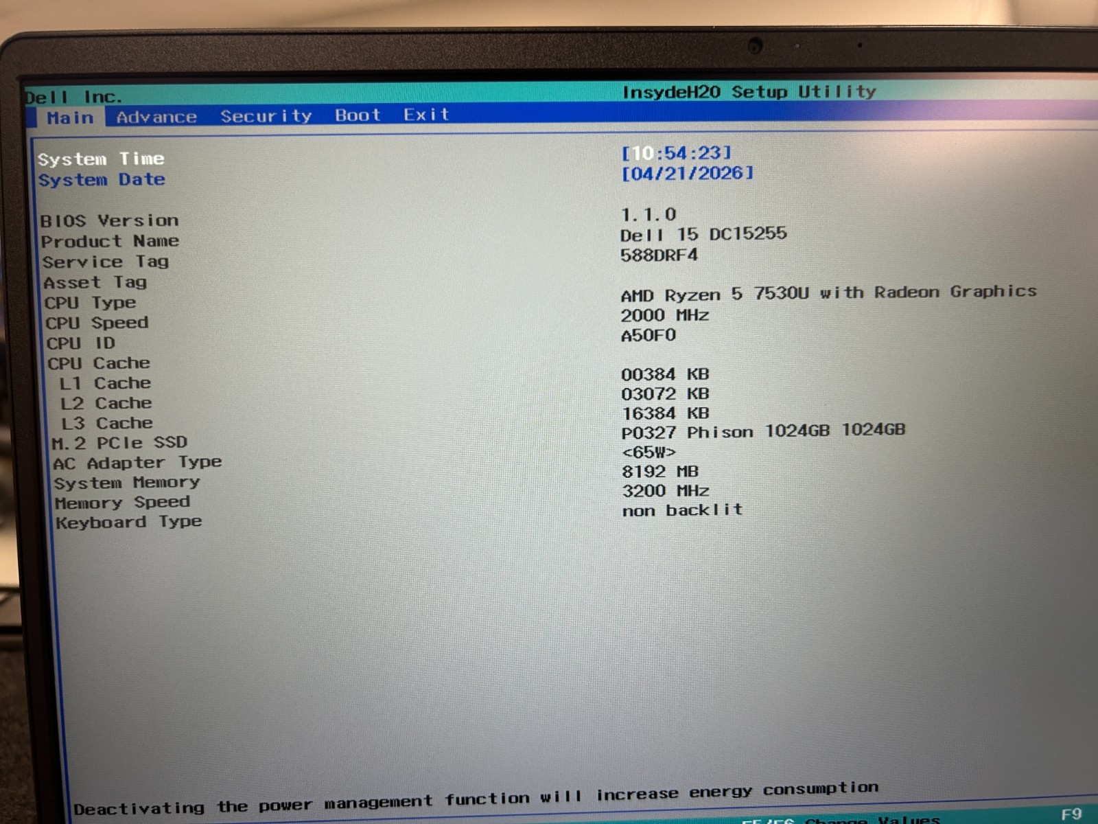 DELL 15 DC15255 G8MK9, AMD Ryzen 7 7730U, 2.00 GHz, 16 GB RAM 512 GB NVMe