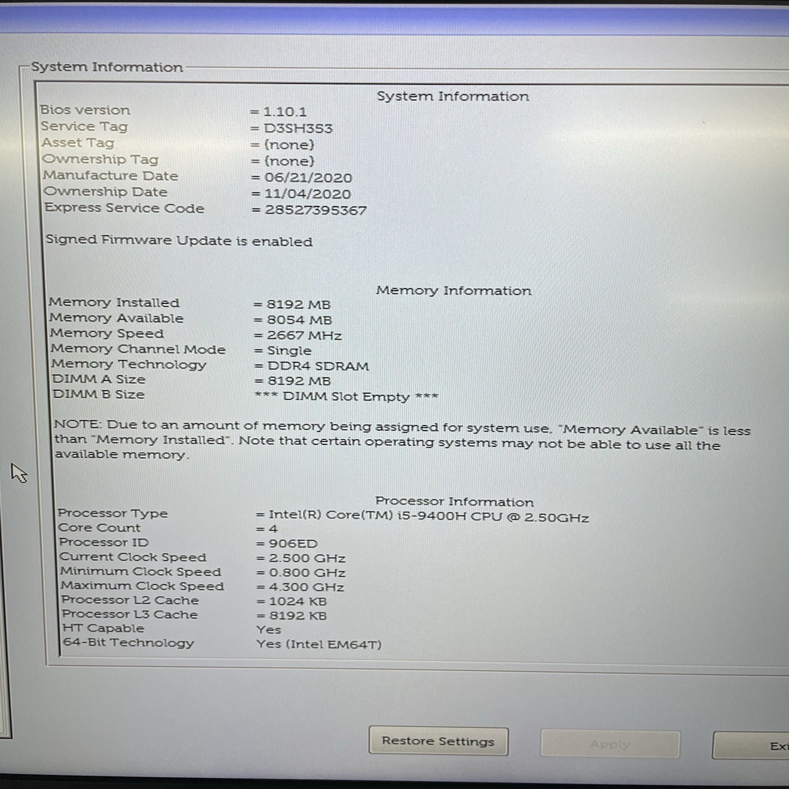 Dell Latitude 5501 15.6″ i5-9400H 2.50 GHz 8 GB RAM No SSD/OS/AC