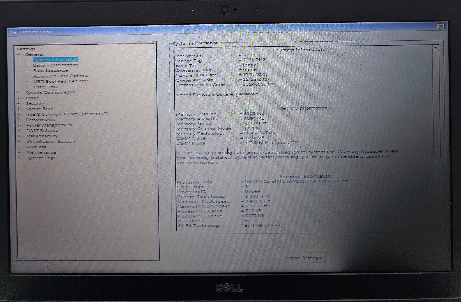 Dell Latitude 5580 15.6″ Laptop Intel Core i5-7300U 8GB RAM NO HD/OS (FL)