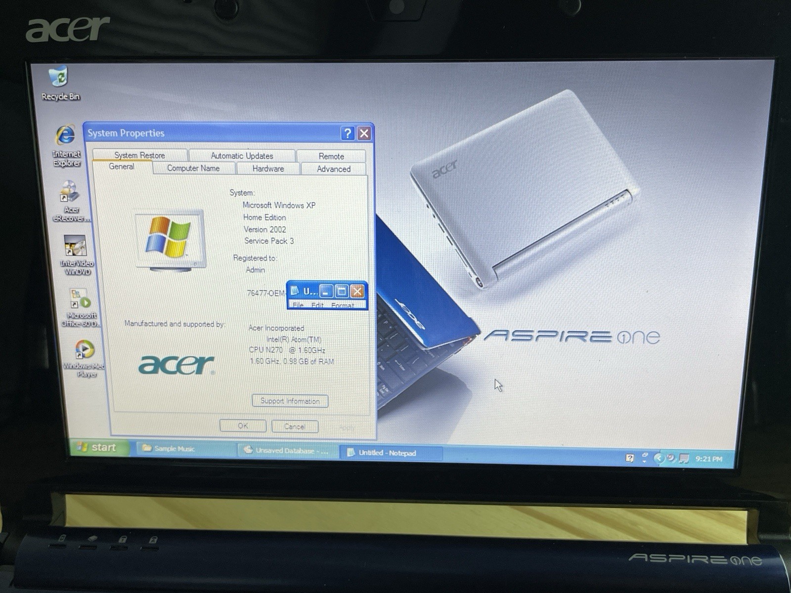 Acer Aspire One ZG5 Netbook 9” Intel Atom 1.6GHz 1GB Windows XP -No Charger