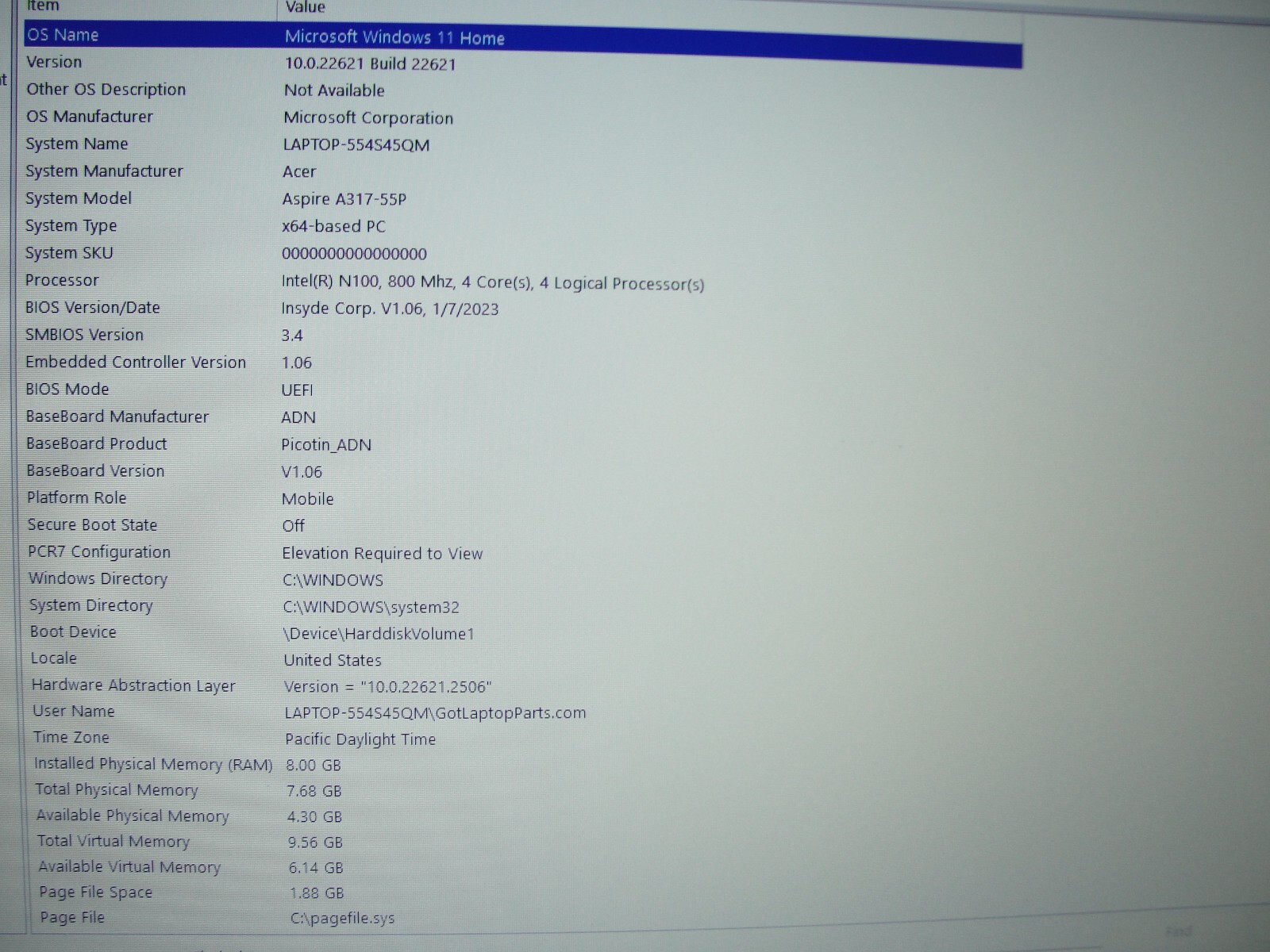 Acer Aspire A317-55-Conx 17.3″FHD laptop Intel N100 0.8Ghz 8GB 128GB SSD 98tt