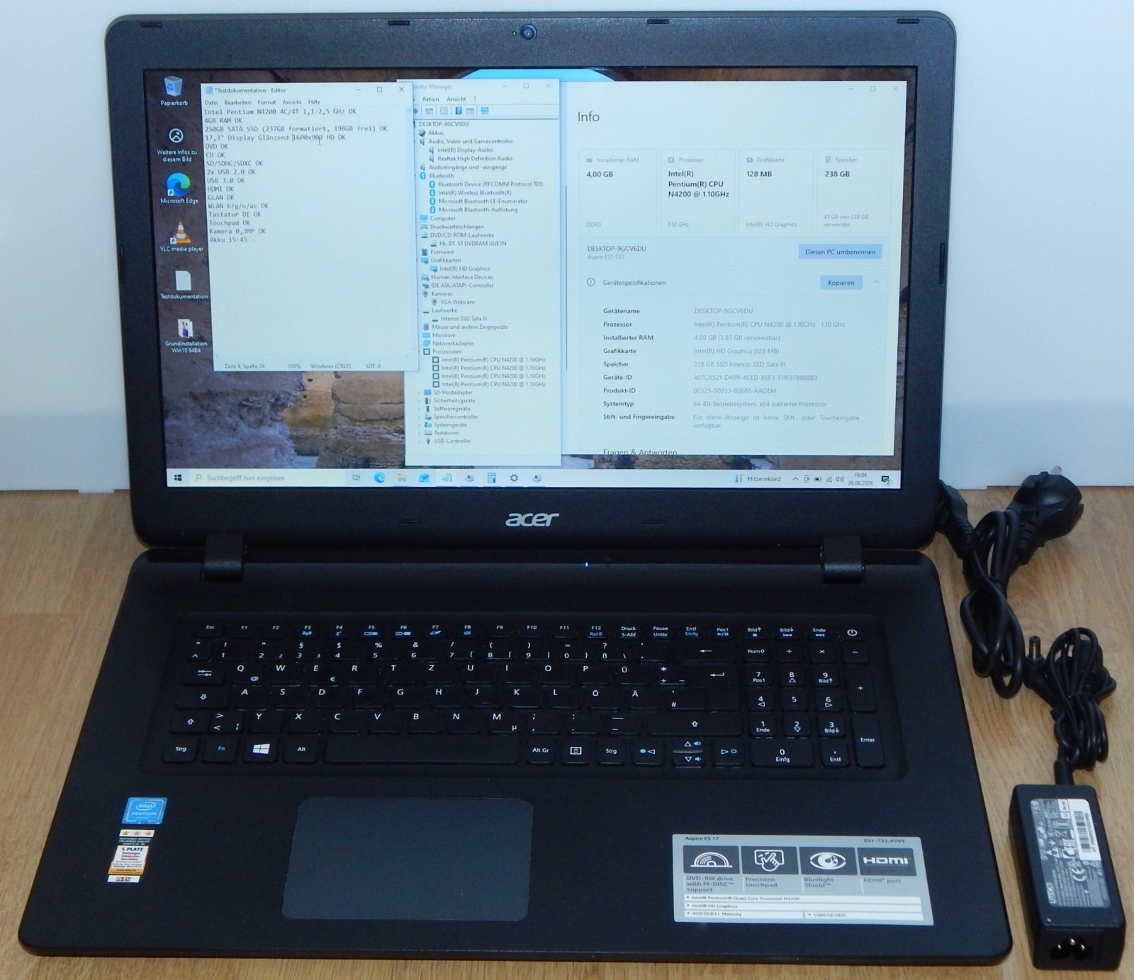 17.3″ Laptop Notebook Acer Aspire ES 17 Intel N4200 4GB RAM 256GB SSD DVD Win 10