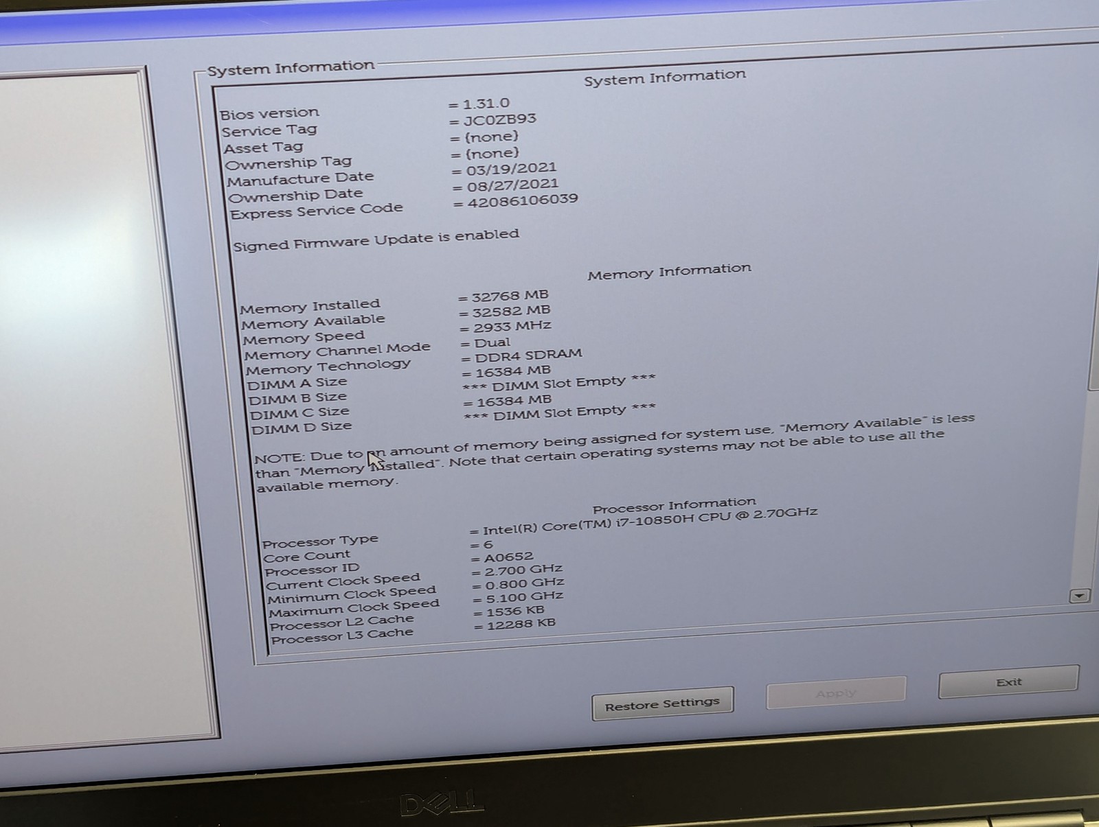 Dell Precision 7550 15″ i7-10850H 2.70GHz 32GB RAM 512GB SSD Grade D