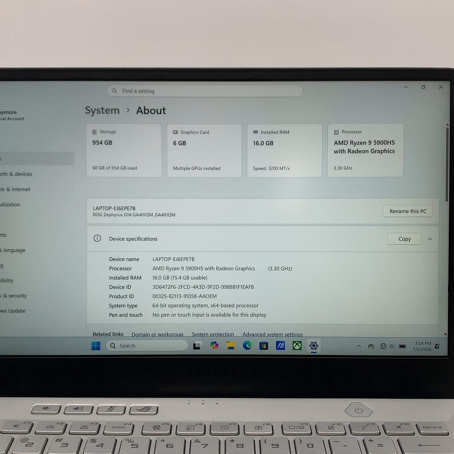 Asus ROG Zephyrus G14 GA401Q Ryzen 9 5900HS 16GB RAM 1TB SSD GeForce RTX 3060