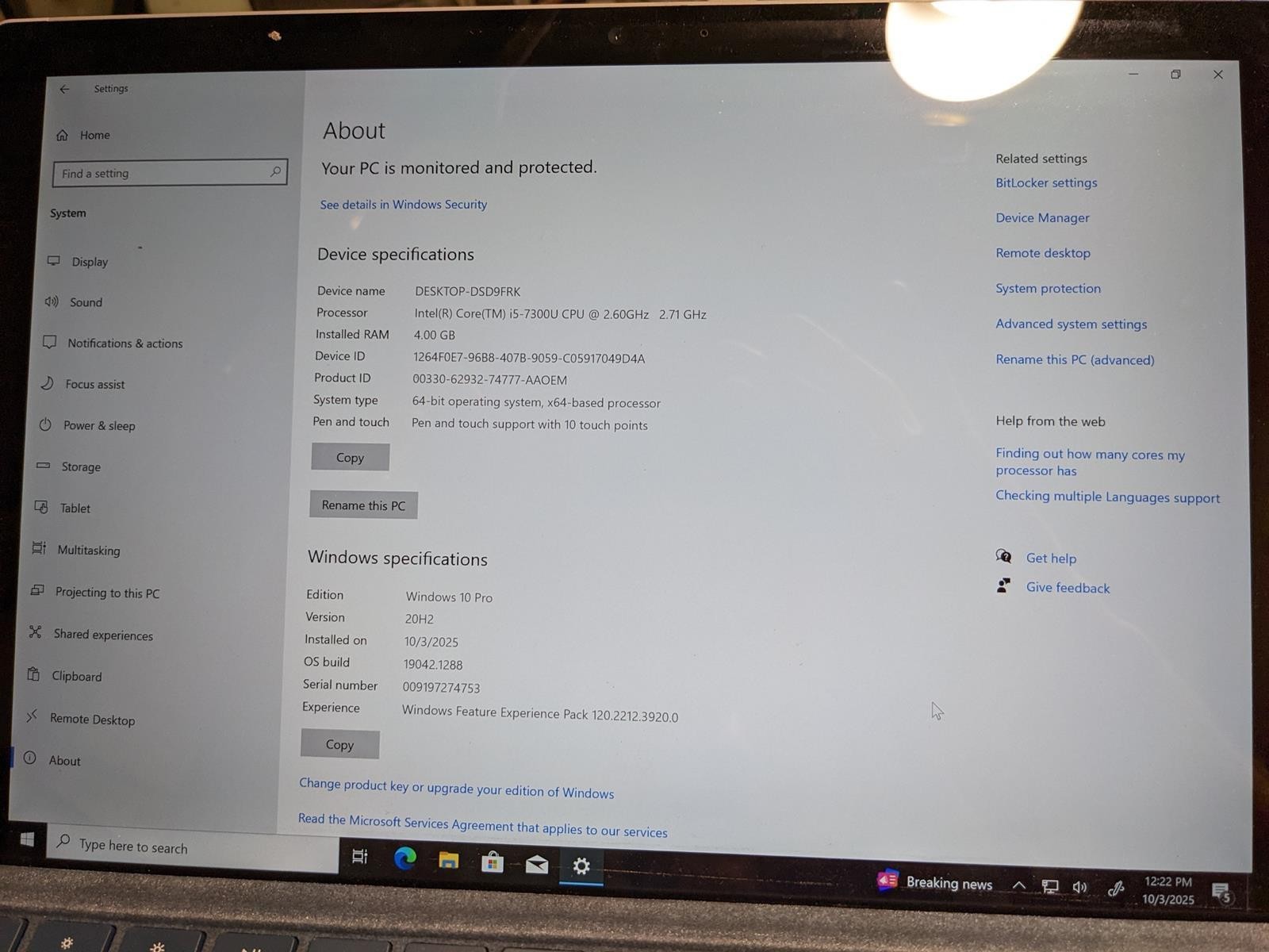 MICROSOFT SURFACE LAPTOP 1769 i5-7300U @ 2.60GHz, 4GB RAM, 120GB SSD, WIN 10 PRO