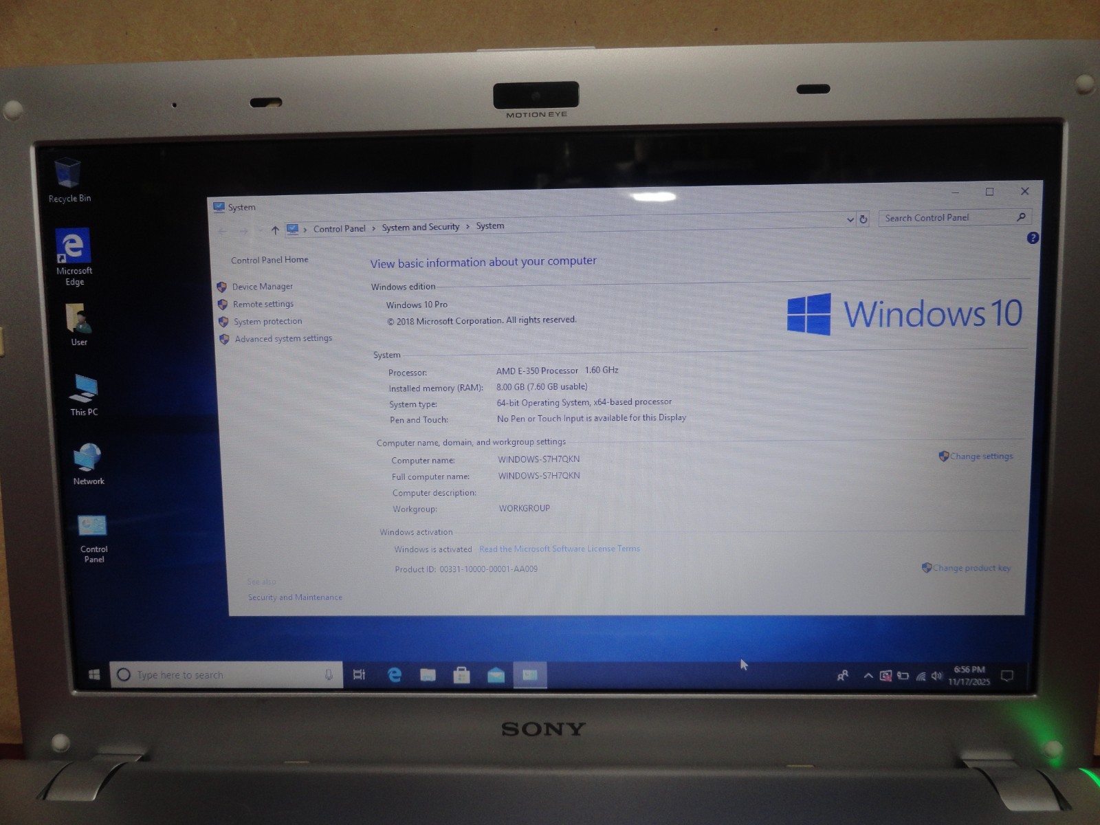 SONY VAIO PCG-31311L LAPTOP