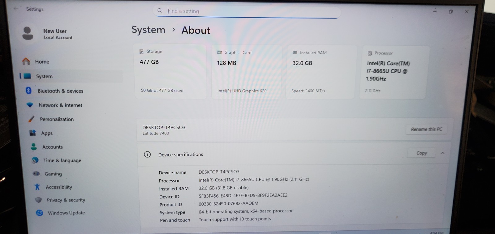 Dell Latitude 7400 Laptop Intel Core i7-8th Gen 32GB RAM 512GB SSD W11P 14″ FHD