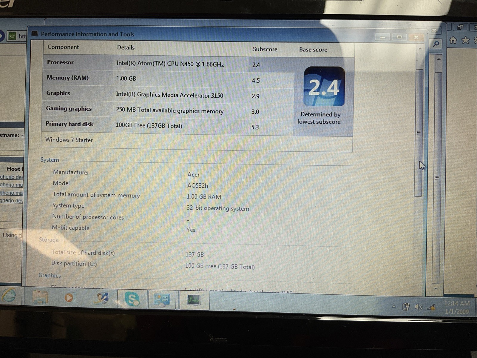 Acer Aspire One A0532h Intel Atom 1.66GHz 1.00 GB 250MB Memory