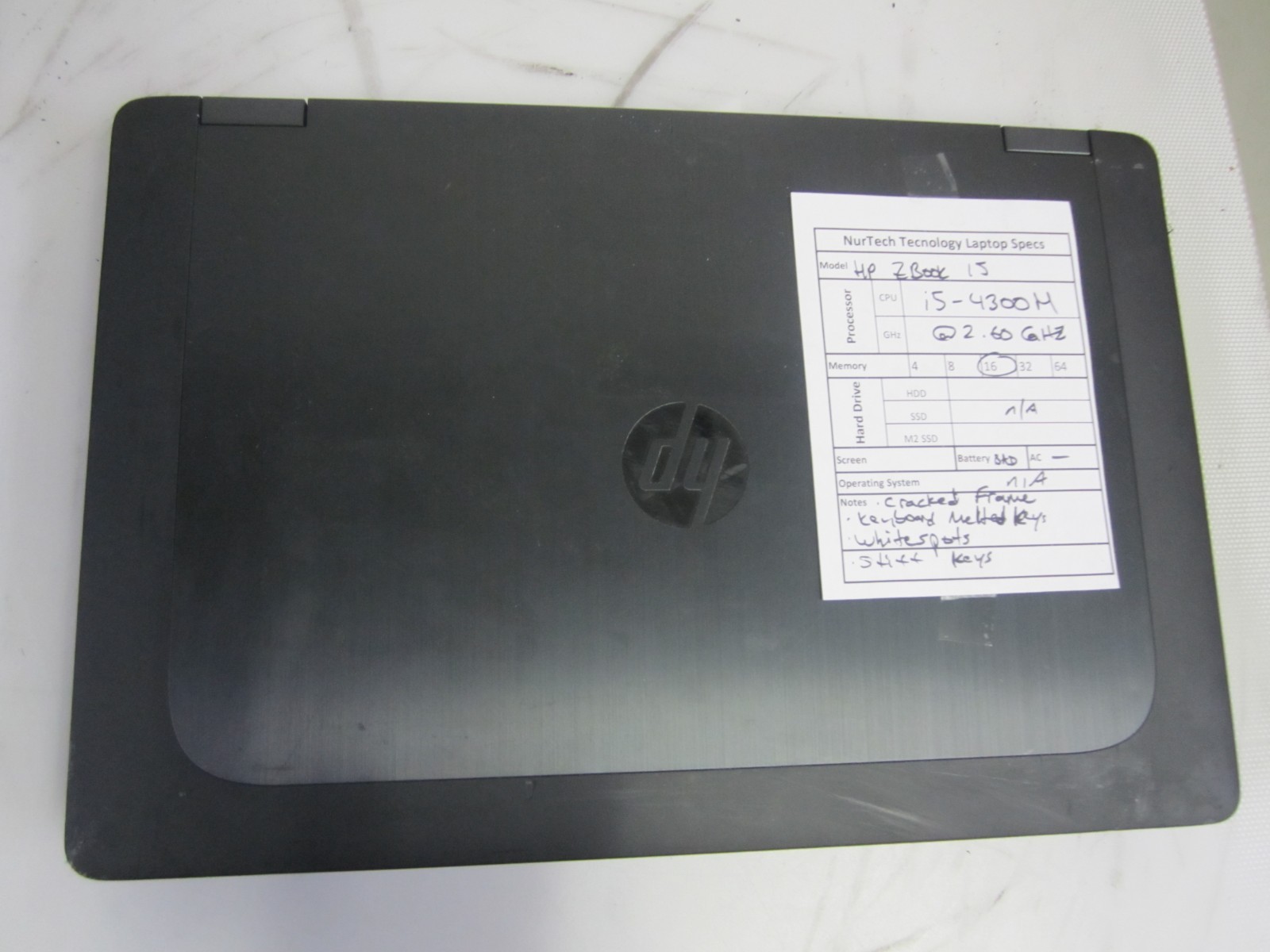 HP ZBook 15 i5-4300M 2.6GHz 16GB NO OS/HDD/AC LAPTOP READ!