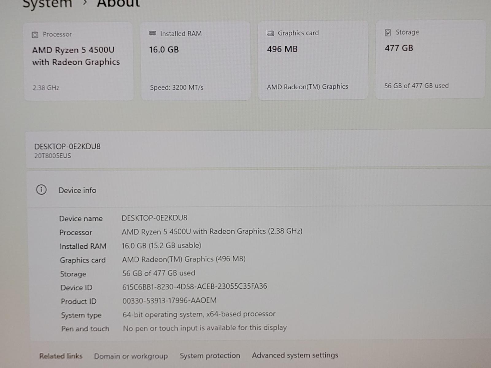 Lenovo ThinkPad E15 Gen 2 15.6″ AMD Ryzen 5 4500U 16GB 512GB Win11Pro *NO A/C*