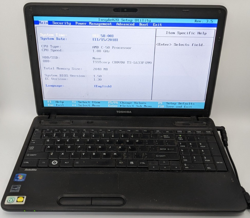 Toshiba Satellite C655D-S5200 AMD C-50 1GHz 2 GB NO HDD/Batt