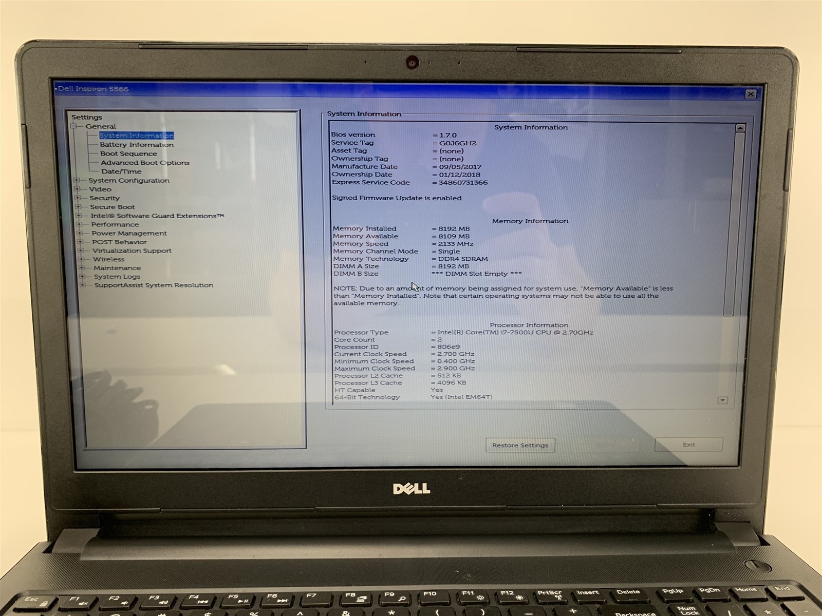 Dell Inspiron 5566 i7-7500U 2.70GHz 8GB RAM No HDD/SDD – Boots to BIOS – 15.6″