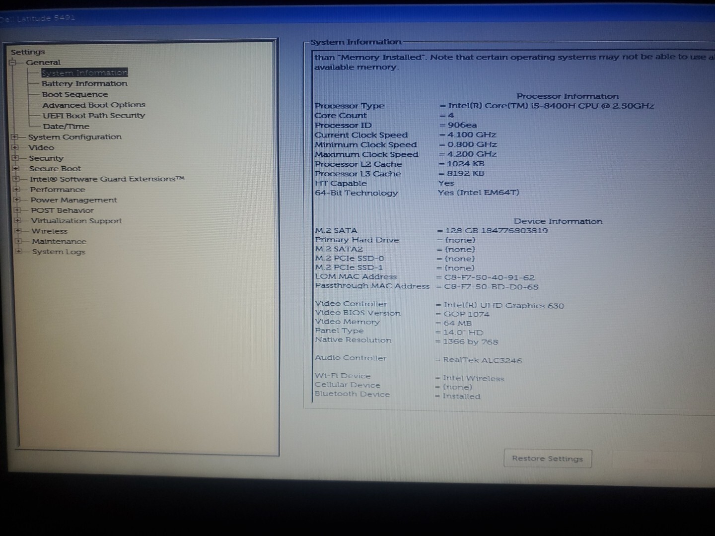 DELL LATITUDE 5491 Core I5-8300H 120GB SSD 8GB