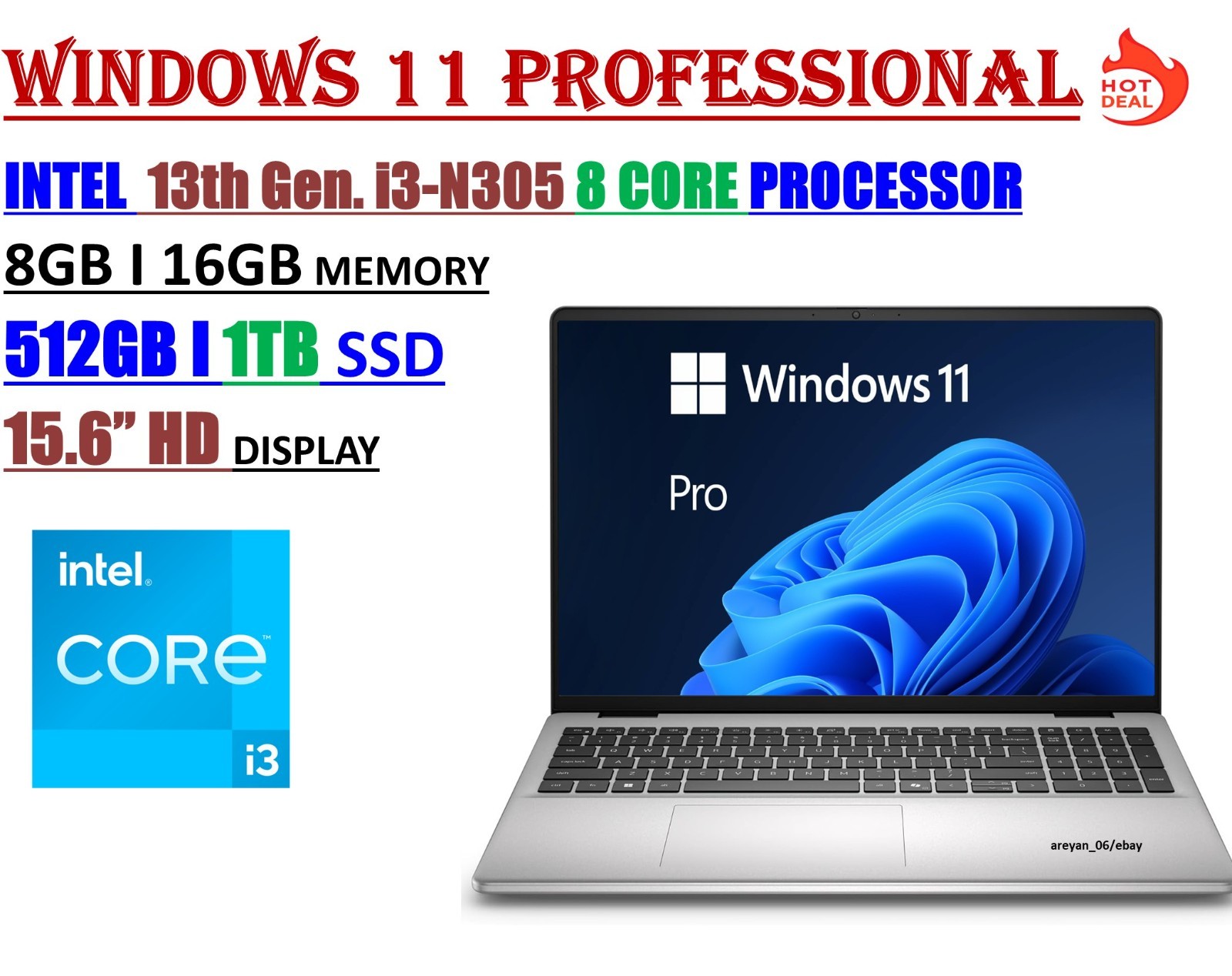 HP 15.6″ CoPilot Laptop 13th Gen Intel i3-N305 UP TO 32GB RAM & 1TB SSD W/11 Pro