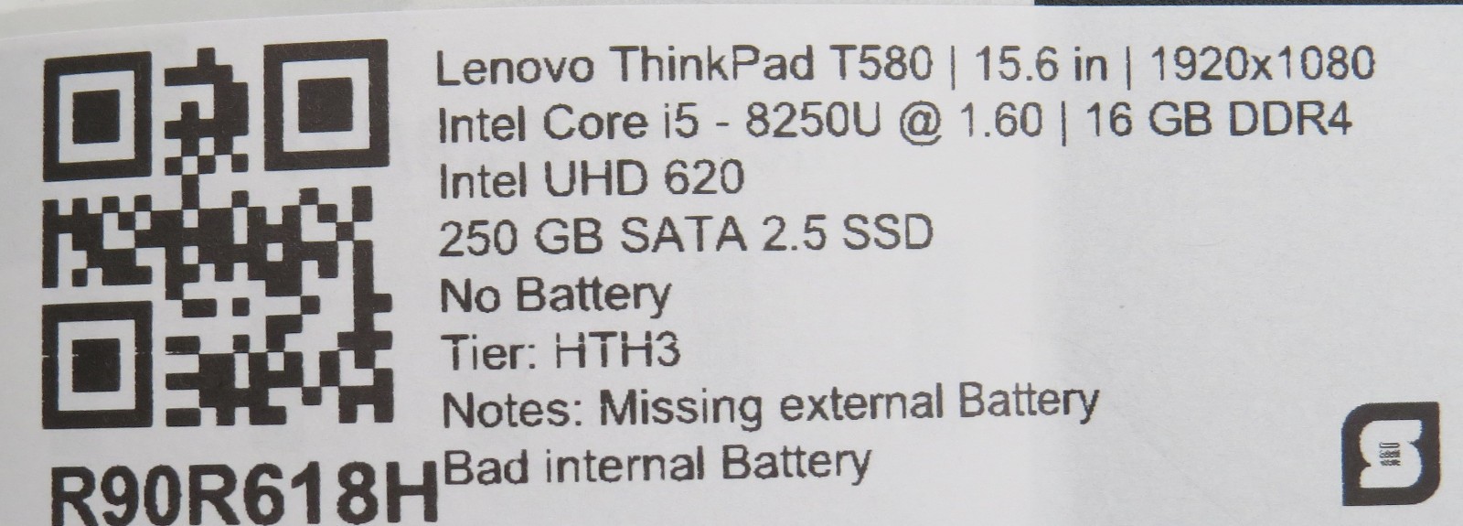 Lenovo ThinkPad T580 i5-8250U @ 1.6Ghz 16GB DDR4 250GB SSD 15.6″ No OS/Battery