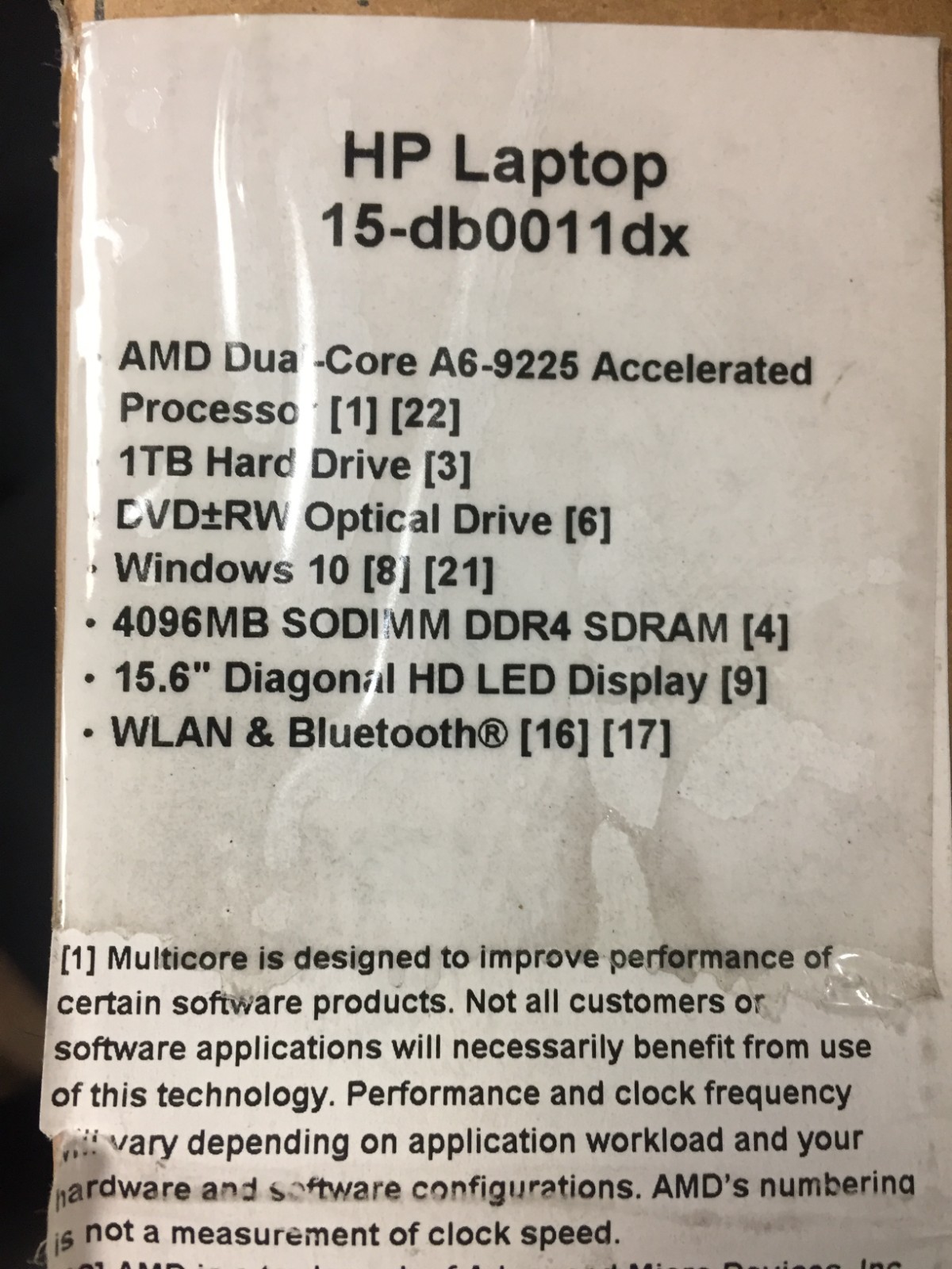 HP 15-DB0011DX 15.6″ Laptop/AMD A6-9225/4GB/1TB HDD/Radeon R4/Win10 Home