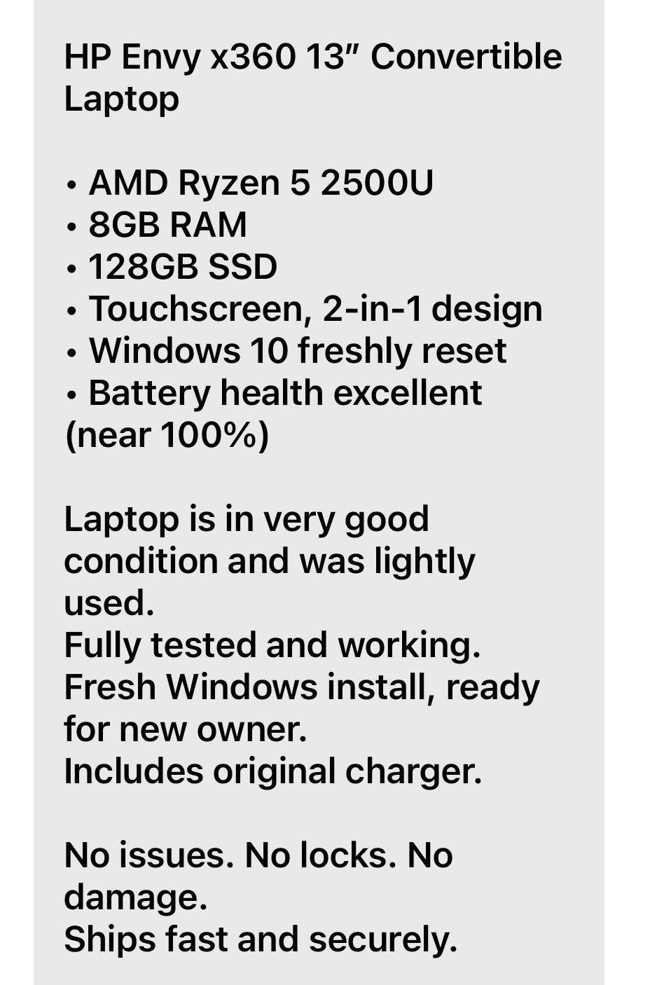 HP Envy x360 15.6″ Ryzen 5 2500U 128GB SSD 8GB RAM