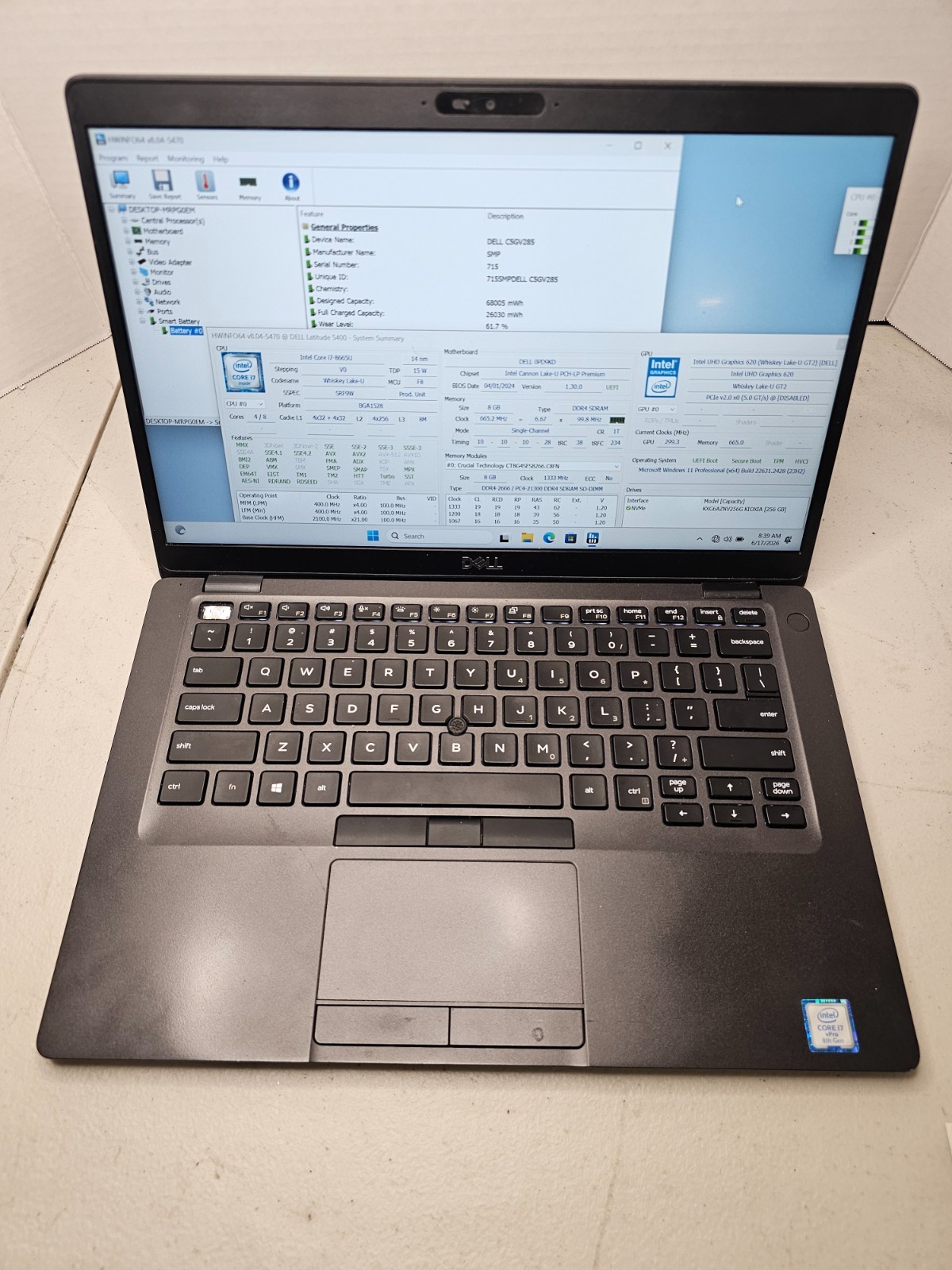 Dell Latitude 5400 i7-8665U 8GB RAM 256GB SSD Win 11 NO AC #04