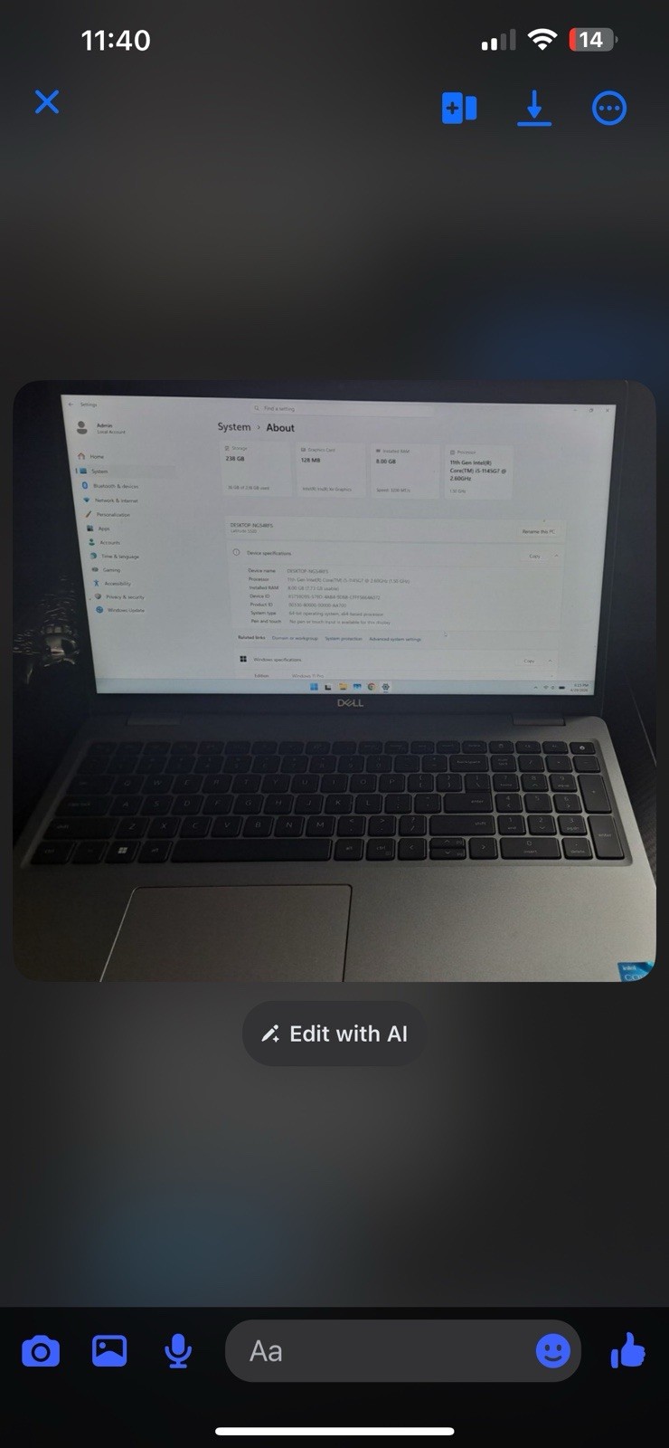 Dell Latitude 5520 15″ i5-1145G7@2.6GHz, 8GB RAM, 256GB , Win 11