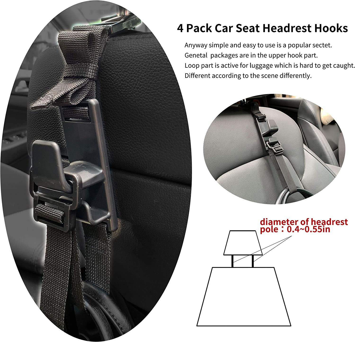 4-Pack Headrest Hooks for Car Universal Interior Auto Vehicle Back Front 4pack