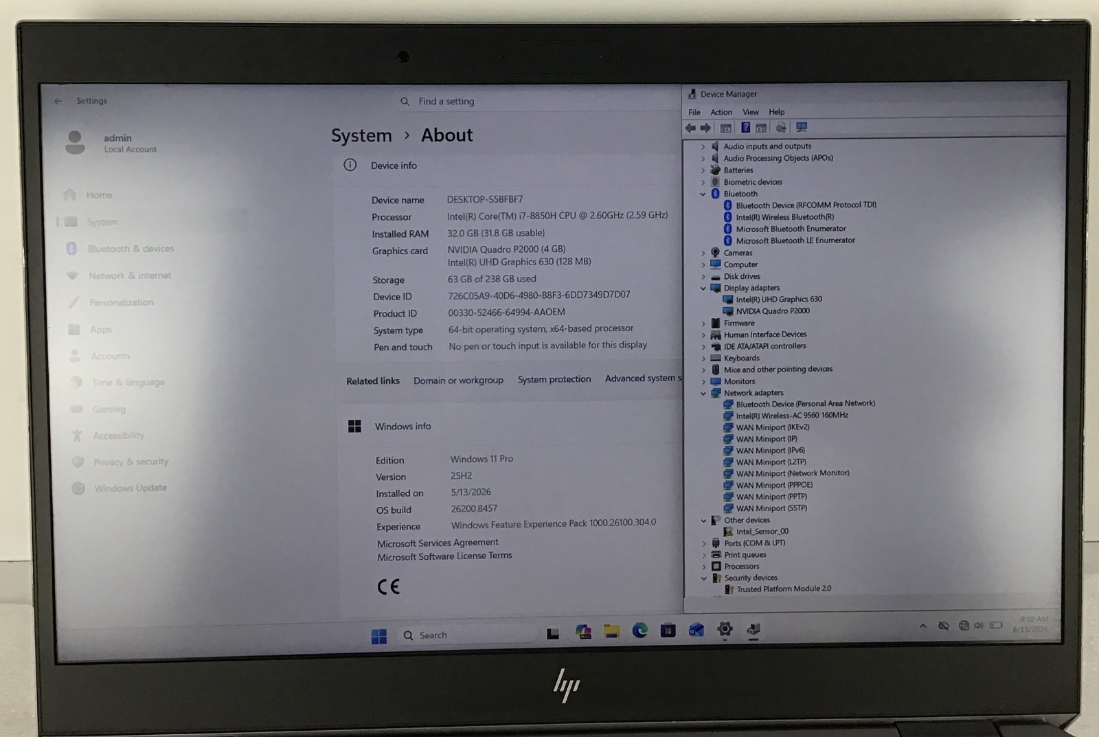 HP ZBook Studio G5 15.6″ I7-8850H 2.6GHz 32GB 256GB 1NVIDIA QUADRO P2000 11 Pro
